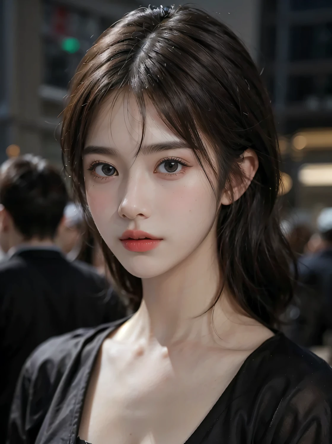 1girl, (looking at viewer:1.2), detail face, (a girl standing, rending on cgsociety, black shadows, streaming, new york backdrop), romanticism, atmospheric, (RAW photo, best quality), (realistic, photo-realistic:1.3), masterpiece, an extremely delicate and beautiful, extremely detailed,