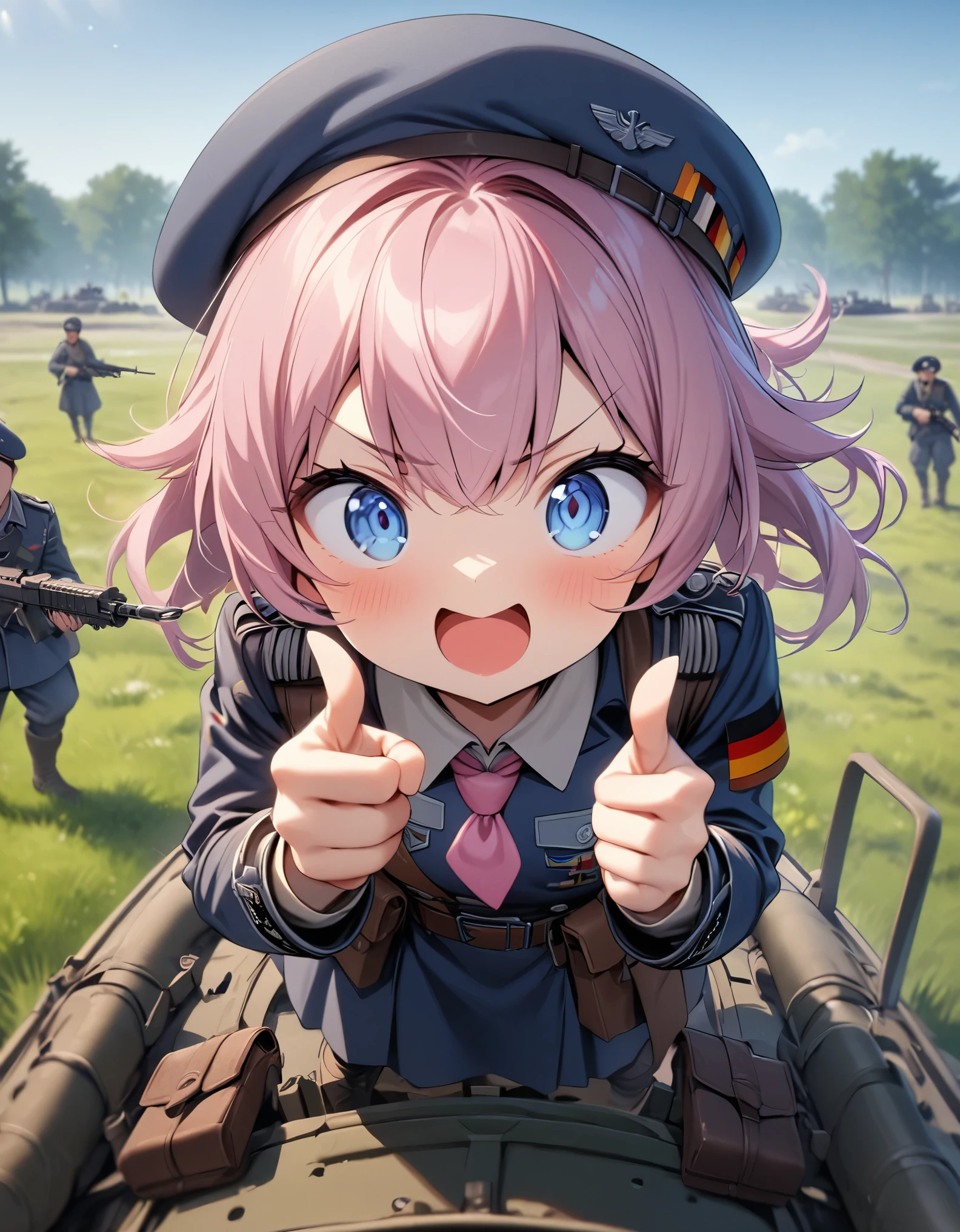 masterpiece, best quality, 1girl, solo, solo focus, midget, dark pink hair, fluffy hair, ponytail hair, dark blue eyes, big eyes, cute face, (blue military uniform, WWII german uniform, beret, pink folder symbol on beret), pink necktie, blue combat boots, belt with pouches, pistol holster, v-shaped eyebrows, :d, excited, using assault rifle, point finger at the viewer, standing on top of a chftntank, grassy field, daylight, depth of field