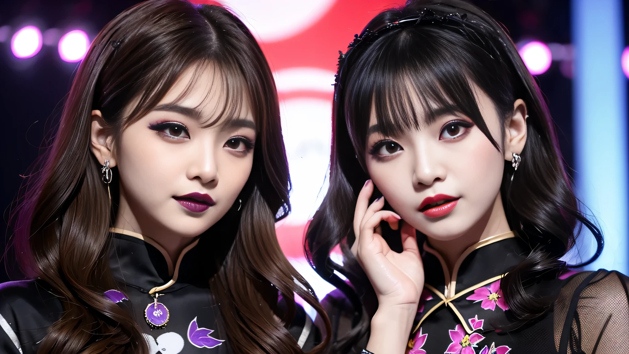 2girls、best quality、ultra-detailed、4k、Japanese、Seductive beauty、seductive adult woman、Pretty Woman、cool girl、Villainess、Brainwashed、brainwash、Fallen into evil、smirk、Evil look、Wicked Smile、evil、Brown hair、wavy hair、swept bangs、dark makeup、dark makeup、piercing eyes、hollow eyes,half-closed eyes、Hollow Eyes、Purple Eyeshadow、black lipstick、black lipglos、Long Black Cheongsam、Wide sleeves、night、inside Live stage、Applying lipstick、