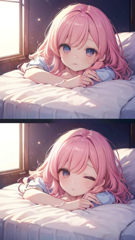 Sleep in bed、Lying down、sleepy、Sleepy eyes、Half-open、pajamas、Middle school students、Zhou-o Coral高解像度、Full HD、8K quality、、、Droopy eyes、、、Eye highlights、Sleep in bed、Lying down、sleepy、Sleepy eyes、Half-open、pajama、Zhou-o Coral、Eye highlights、、、Eye highlights、Incredibly beautiful eyes、、Pink Hair、Let your hair down、Straight hair、Long Hair、cute、Zhou-o Coral