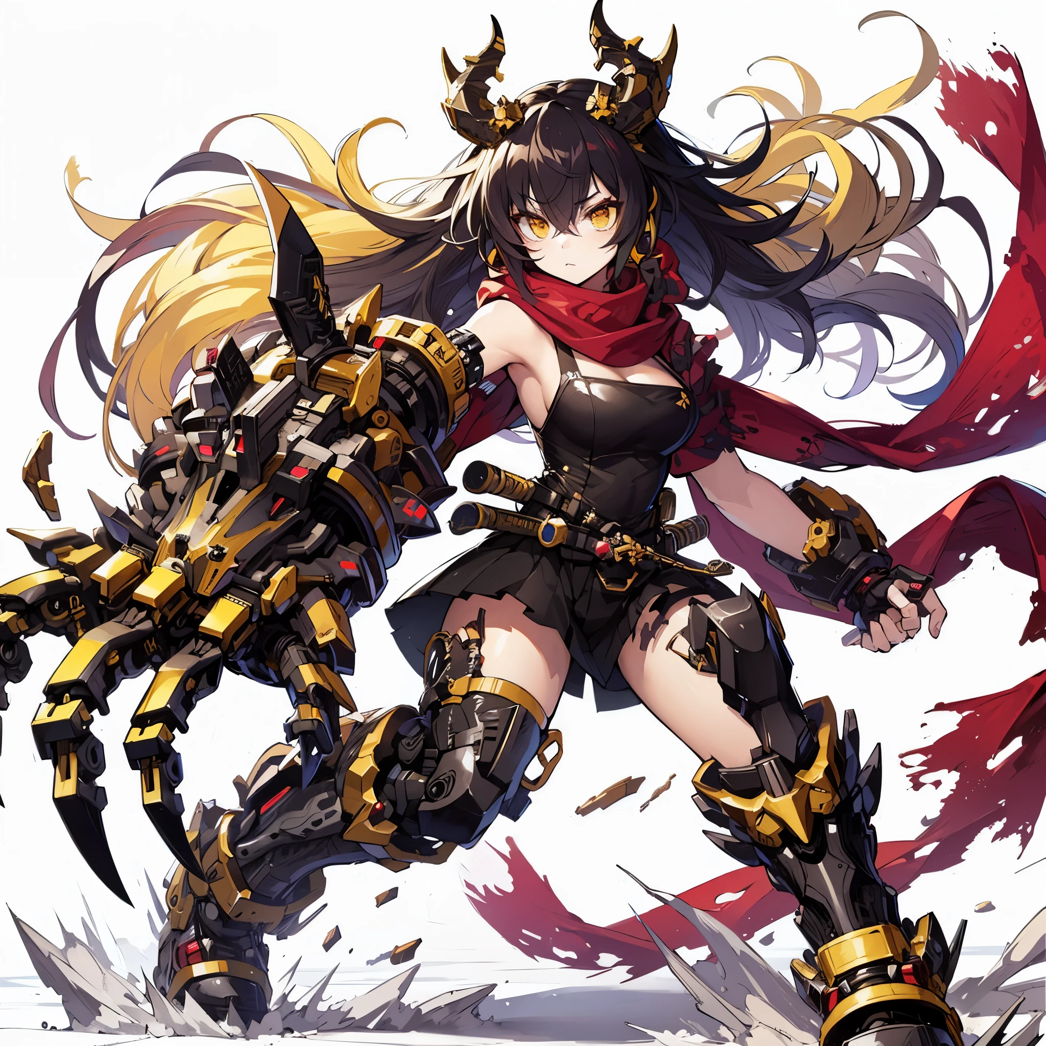 (Masterpiece, top quality), (detailed hair), super detailed, anime style, full body, solo, girl dressed in a mechanical demon costume, neck-length black-yellow hair, gold eyes, right arm converted to cybernetic huge terrifying claw. Karate wear and spats, and torn red scarf, cyber horned, heavy massive boots, white background, whole body, standing in wasteland, fighting pose
