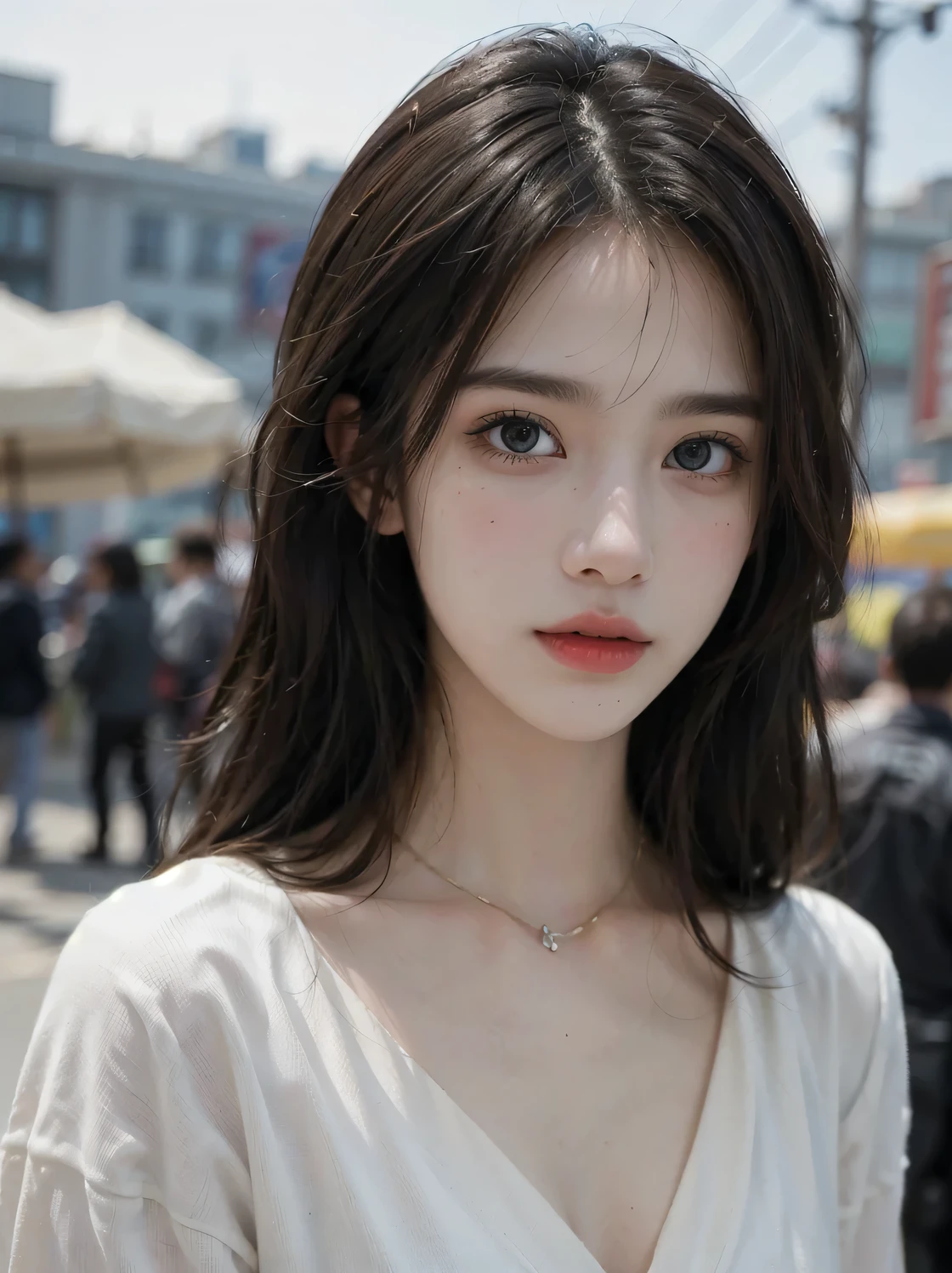 1girl, (looking at viewer:1.2), detail face, (a girl standing, rending on cgsociety, black shadows, streaming, new york backdrop), romanticism, atmospheric, (RAW photo, best quality), (realistic, photo-realistic:1.3), masterpiece, an extremely delicate and beautiful, extremely detailed,