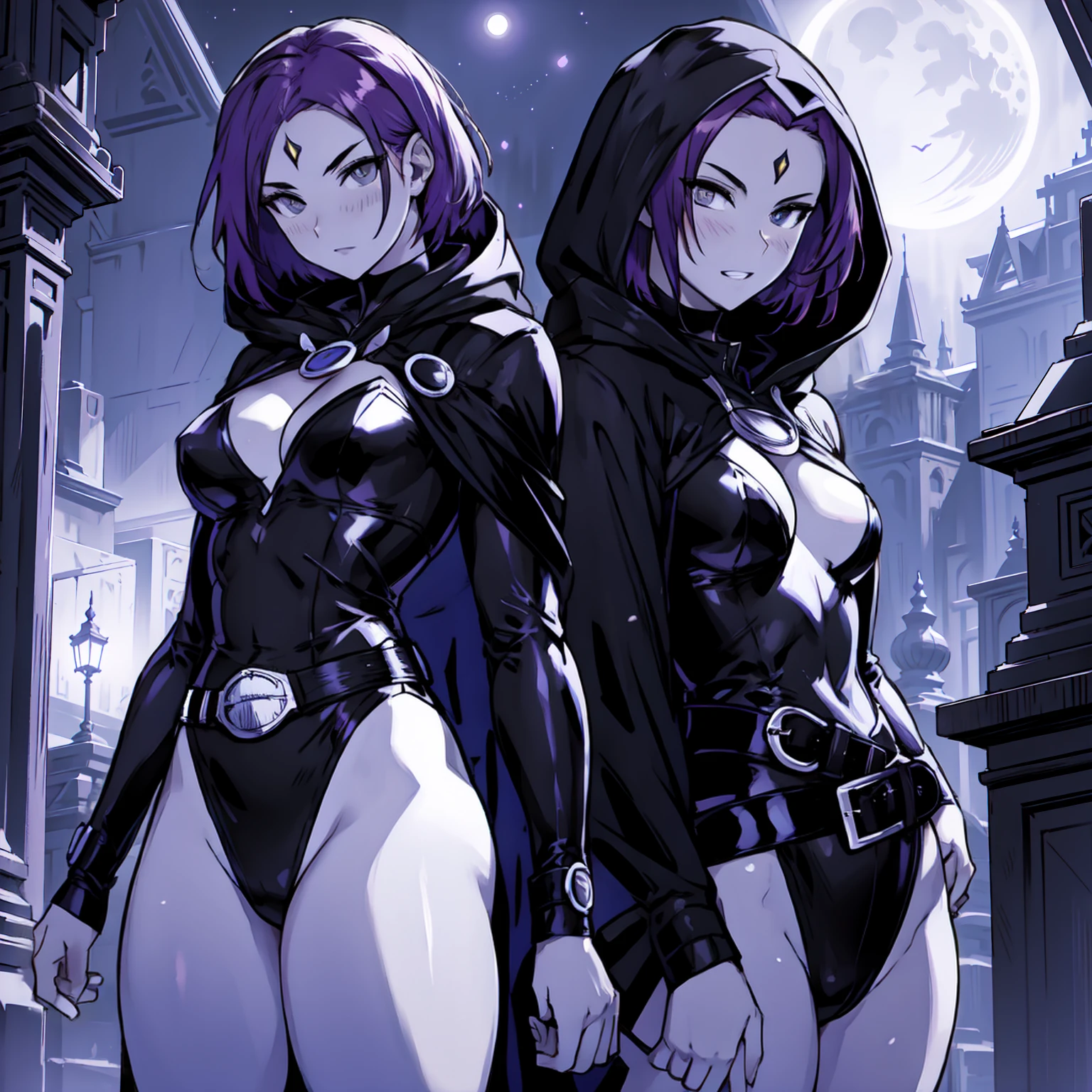 Raven, black leotard, black cape, hood, purple hair, forehead jewel, purple eyes, short hair, belt, skin tight, standing, cleavage, toned, breasts, pose, night, moonlight, ((posing)), motion lines, torso, upper body, portrait, b&w. outline, ((1girl)), (solo).