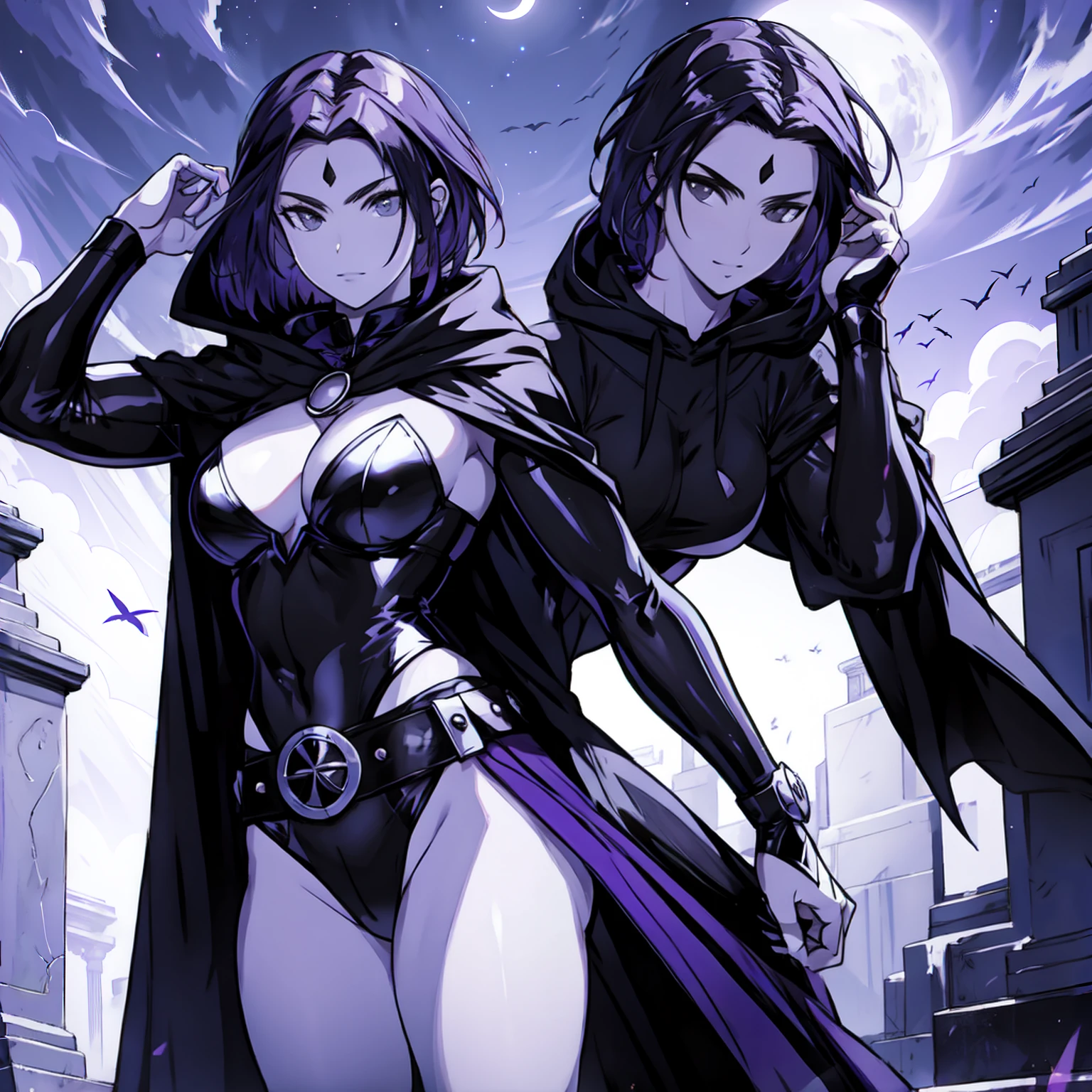 Raven, black leotard, black cape, hood, purple hair, forehead jewel, purple eyes, short hair, belt, skin tight, standing, cleavage, toned, breasts, pose, night, moonlight, ((posing)), motion lines, torso, upper body, portrait, b&w. outline, ((1girl)), (solo).