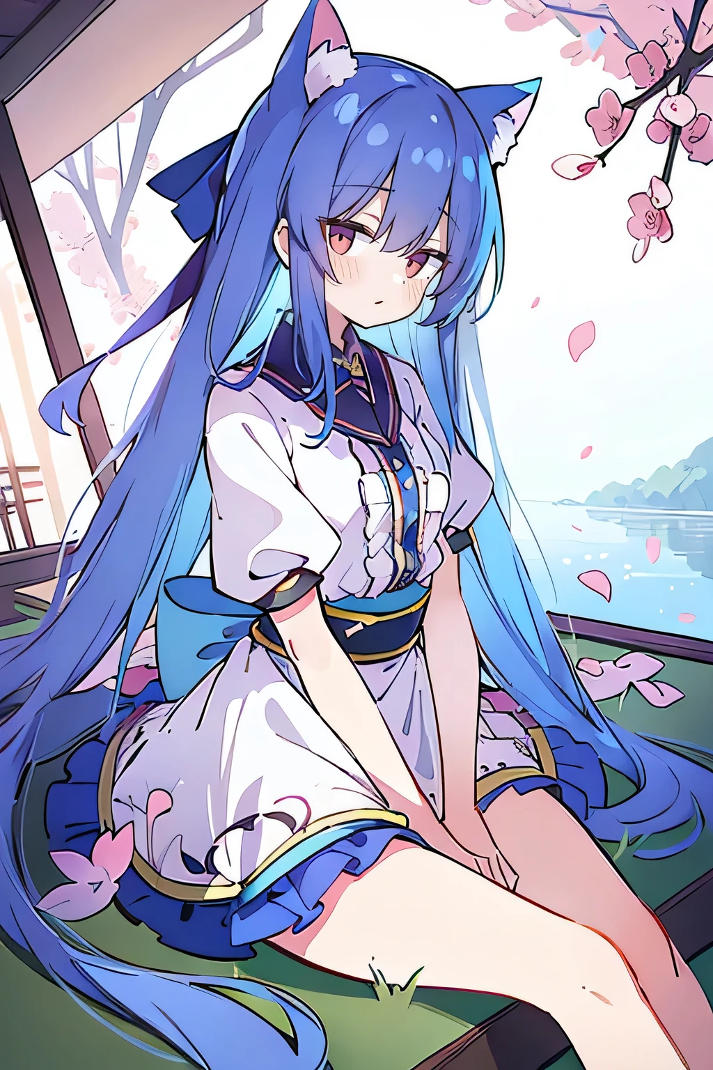 (masterpiece:1.2),Super detailed,Practical,expressive eyes,Fair skin,Perfect face shaping,1 Girl,
Japanese cartoons,Gorgeous blue hair, the long flowing blue hair,Floating clothes,Cat ears,Petals falling,beautiful lola,Young Angel,
Hands on waist,sit elegantly on the ground,Cross your legs,Gentle and peaceful background,Cool and cozy pavilion.