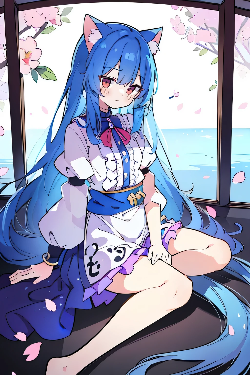 (masterpiece:1.2),Super detailed,Practical,expressive eyes,Fair skin,Perfect face shaping,1 Girl,
Japanese cartoons,Gorgeous blue hair, the long flowing blue hair,Floating clothes,Cat ears,Petals falling,beautiful lola,Young Angel,
Hands on waist,sit elegantly on the ground,Cross your legs,Gentle and peaceful background,Cool and cozy pavilion.