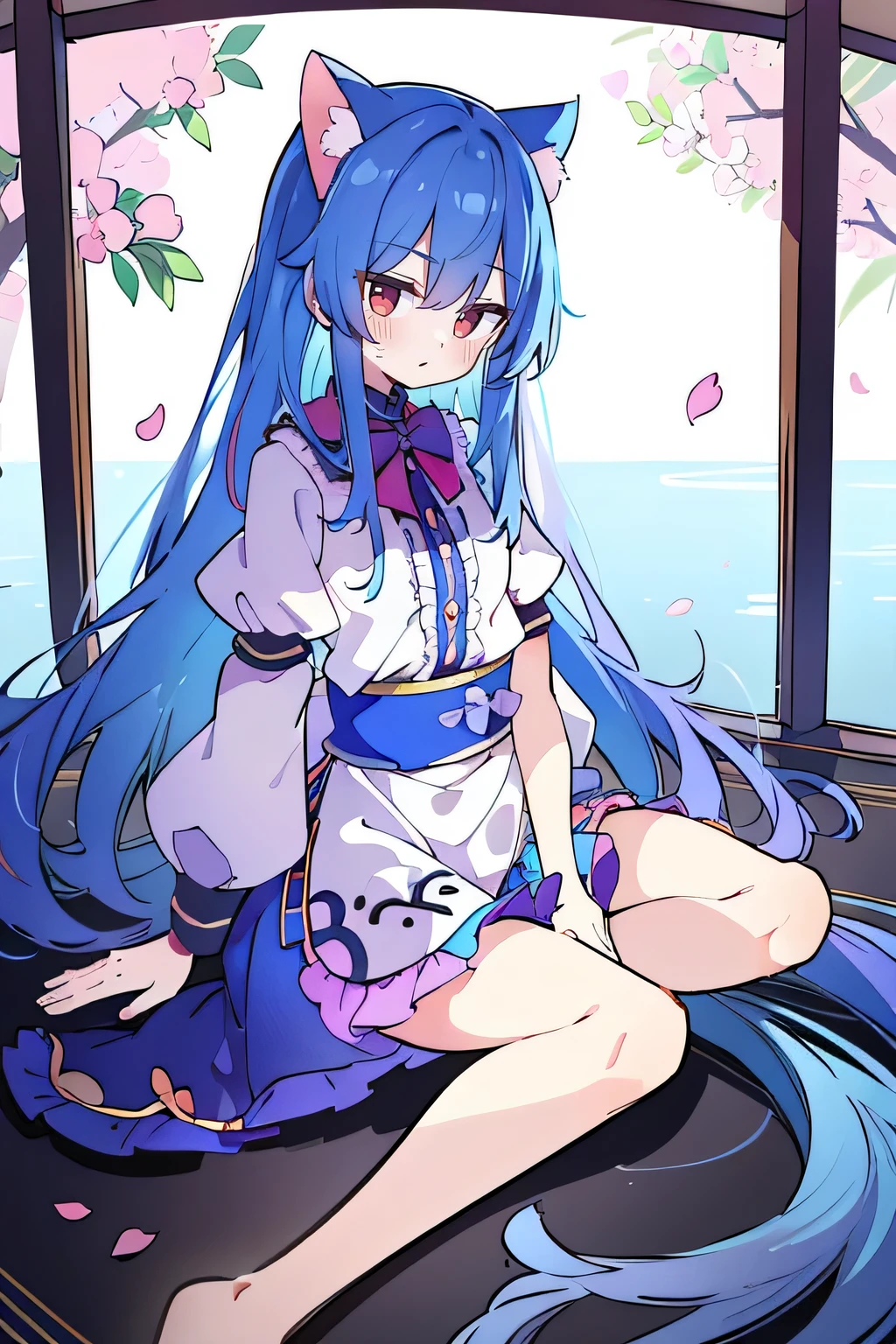 (masterpiece:1.2),Super detailed,Practical,expressive eyes,Fair skin,Perfect face shaping,1 Girl,
Japanese cartoons,Gorgeous blue hair, the long flowing blue hair,Floating clothes,Cat ears,Petals falling,beautiful lola,Young Angel,
Hands on waist,sit elegantly on the ground,Cross your legs,Gentle and peaceful background,Cool and cozy pavilion.