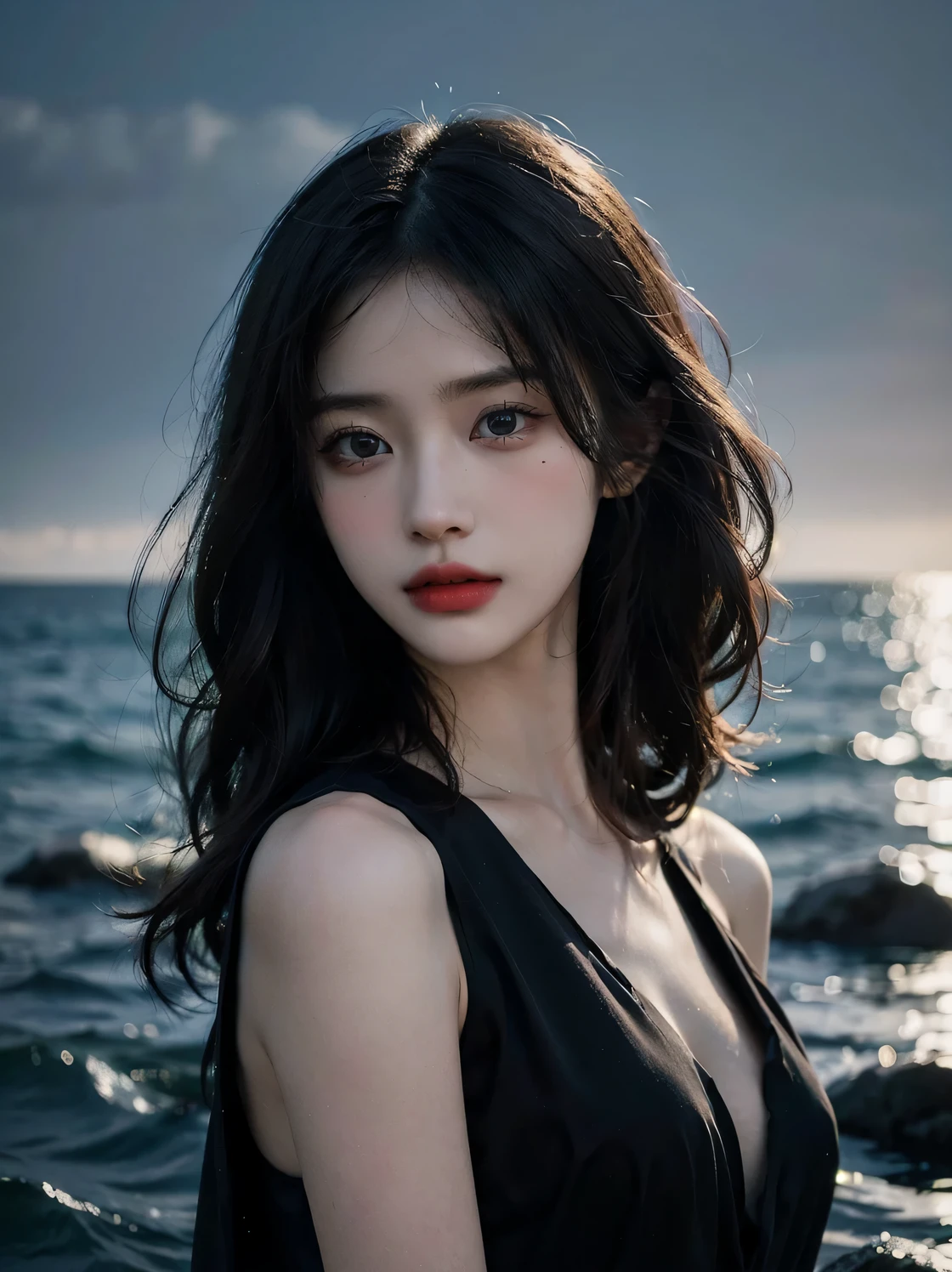 1girl, (looking at viewer:1.2), detail face, (a girl standing, rending on , black shadows, sea backdrop，gorgeous red and black dress), romanticism, atmospheric, (RAW photo, best quality), (realistic, photo-realistic:1.3), masterpiece, an extremely delicate and beautiful, extremely detailed,