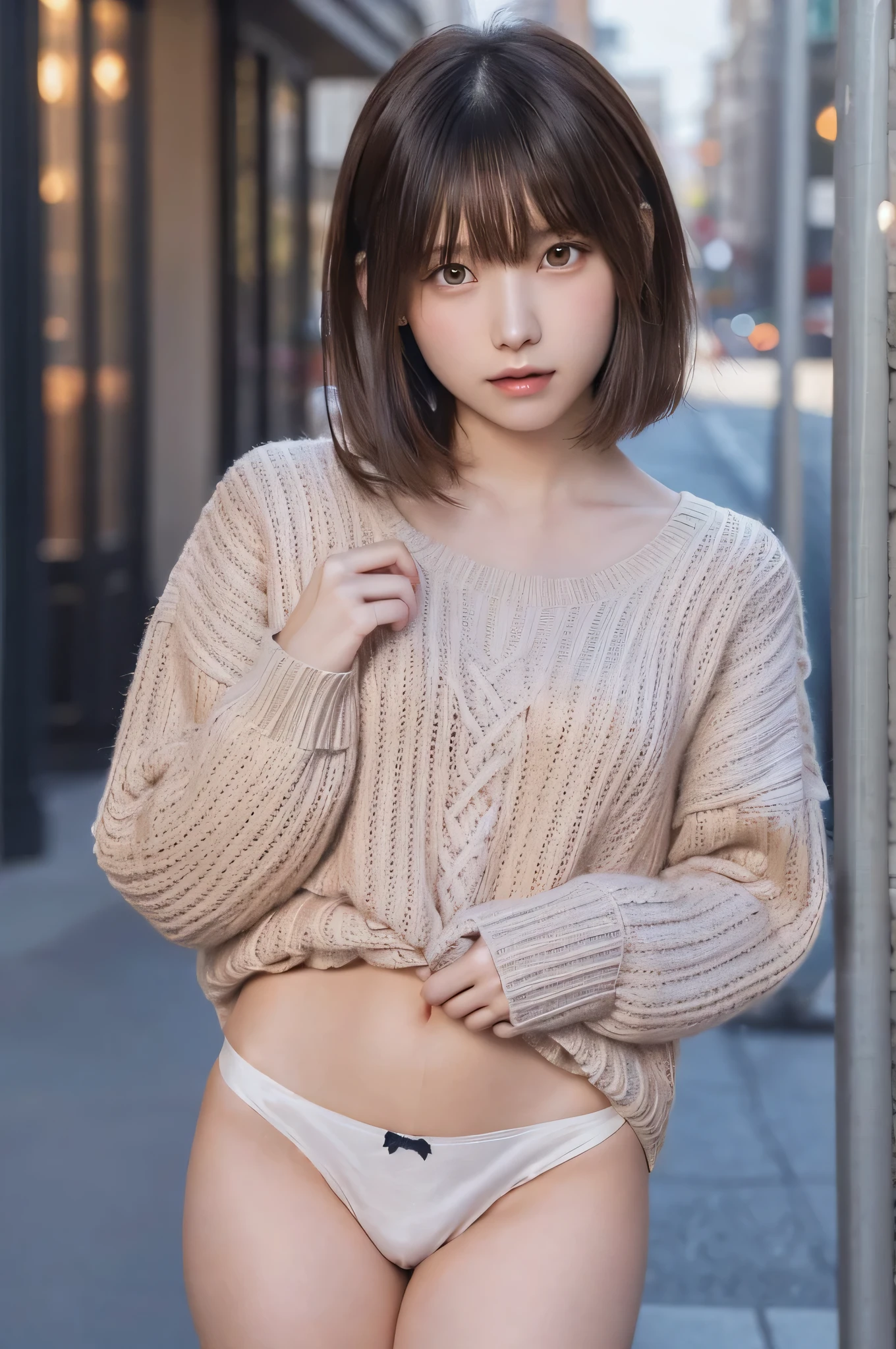one girl, (a beauty girl, delicate girl:1.3), (, loli:1.3),
bak, nsfw, ((panties, small white panties, camel toe, lifted sweater), long knit sweater, one-piece:1.1),
break, very fine eye definition, (symmetrical eyes:1.3),
break, (street snap:1.3), perfectly trimmed fingers,
break, small breasts, brown eyes, parted bangs, brown hair, girl,
break, (eyes and faces with detailed:1.0),
break, (masterpiece, best quality, ultra detailed, detailed face, 8k)