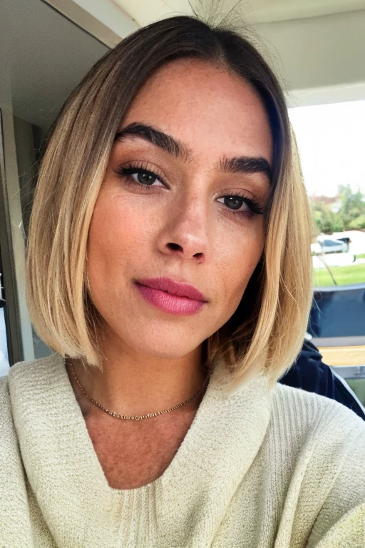 photograph, photo of beautiful woman, selfie, upper body, solo, wearing pullover, cheerful, blonde hair, bob haircut, full lips, perfect eyebrows, looking at viewer, taking a selfie, skin texture, close up, effortlessly chic, UHD