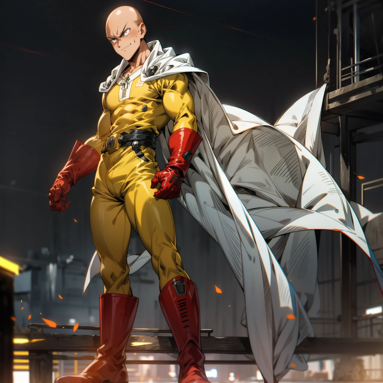masterpiece, best quality, 1boy, (saitama), bald hair, black eyes, blue boot, red gloves, yellow clothes, white cape, standing, smiling, angry face, aura power, night, natural light,standing, angry eyes, serious, male focus, strong muscles, movie composition, deth of field, bokeh, (futuristic), (full body).