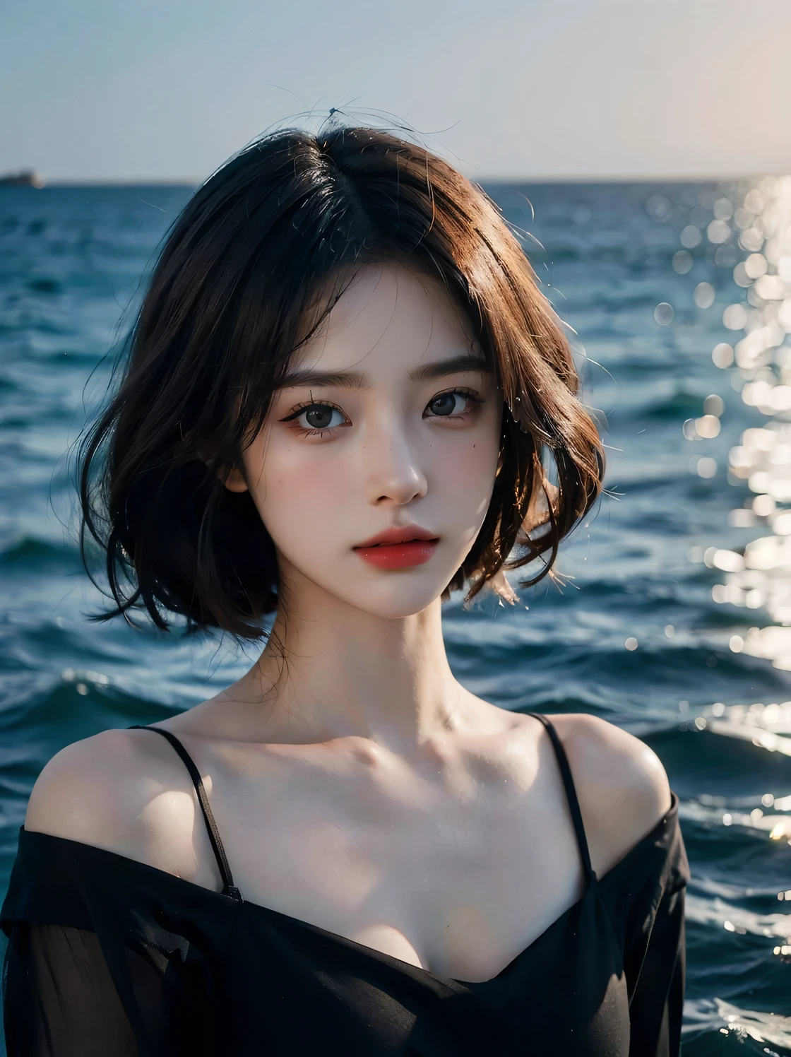 1girl, (looking at viewer:1.2), detail face, (a girl standing, rending on , black shadows, sea backdrop，gorgeous red and black dress), romanticism, atmospheric, (RAW photo, best quality), (realistic, photo-realistic:1.3), masterpiece, an extremely delicate and beautiful, extremely detailed,