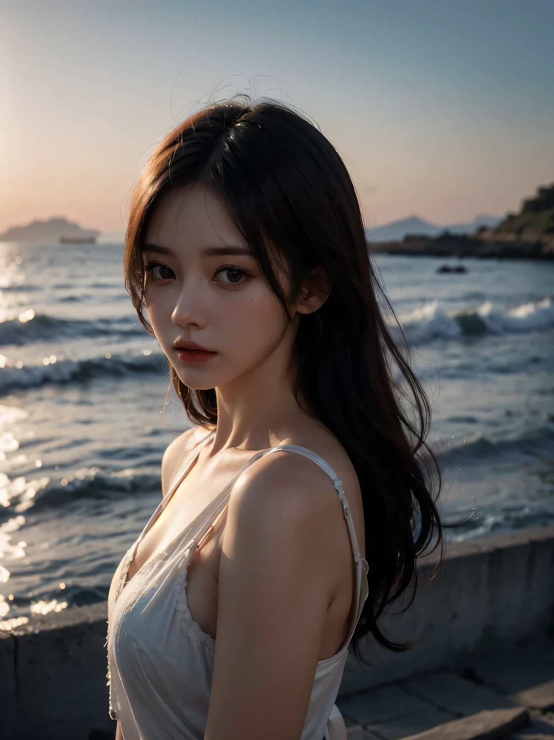 1girl, (looking at viewer:1.2), detail face, (a girl standing, rending on cgsociety, black shadows, streaming, sea backdrop), romanticism, atmospheric, (RAW photo, best quality), (realistic, photo-realistic:1.3), masterpiece, an extremely delicate and beautiful, extremely detailed,