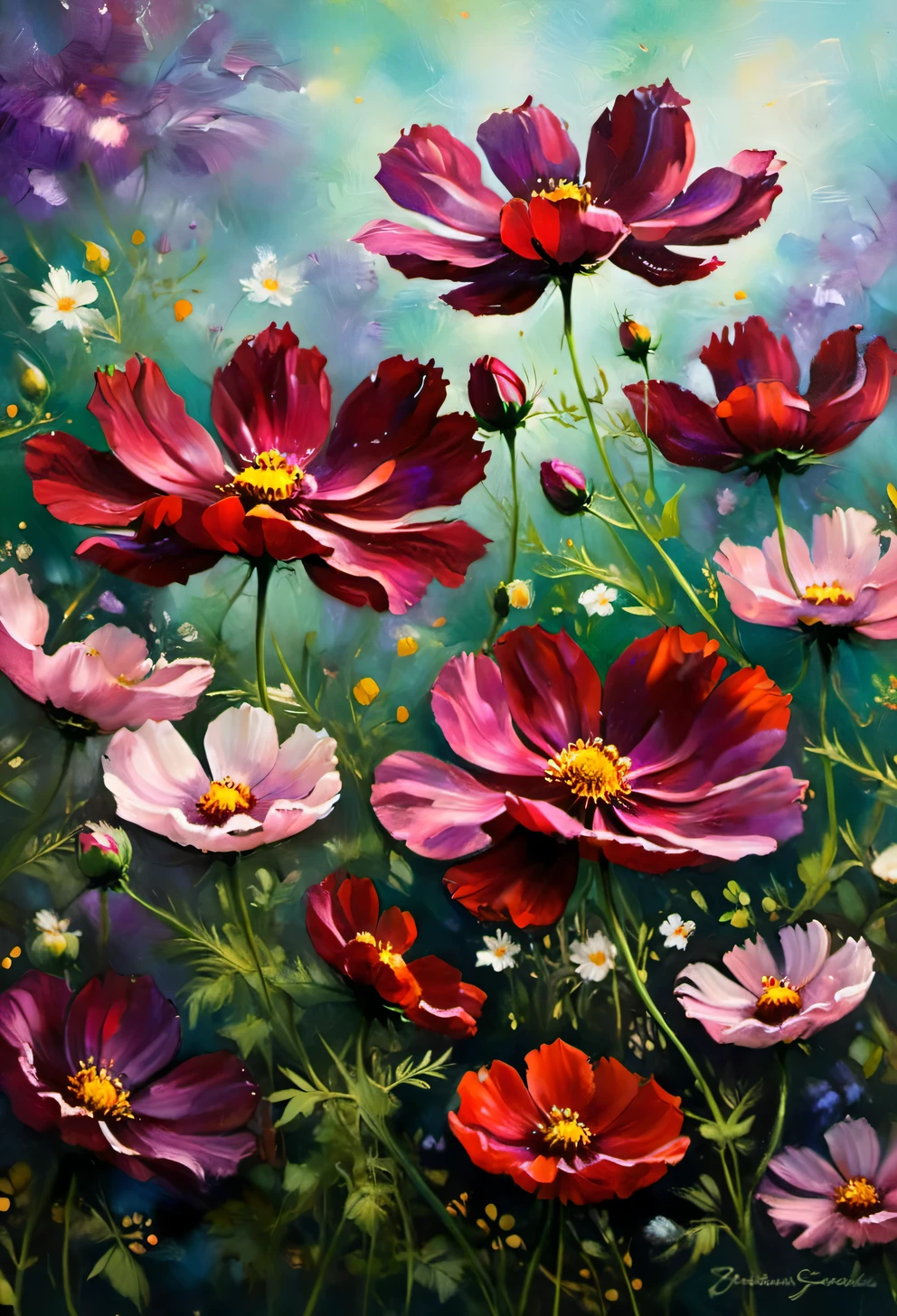 (best quality,4k,8k,highres,masterpiece:1.2),ultra-detailed,(realistic,photorealistic,photo-realistic:1.37),dark red Cosmos with intense hues,detailed petals and delicate texture,blooming in a dreamy garden,enticing fragrance filling the air,ethereal and mesmerizing,soft sunlight casting a warm glow on the flowers,subtle shadows adding depth and dimension,petals shimmering as if covered in fine velvet,garden filled with lush green foliage,creating a contrasting backdrop for the Cosmos,impressive and captivating display of nature's beauty,meticulously captured in oil painting style,exquisite details highlighting the intricate patterns,sharp focus on the intricate stamen and pistil of each flower,rich and vibrant color palette,with deep reds and hints of purple,conveying a sense of passion and allure,artistic composition with clusters of Cosmos flowers,creating a focal point in the painting,stunning artwork capturing the essence and elegance of Chocolate Cosmos.