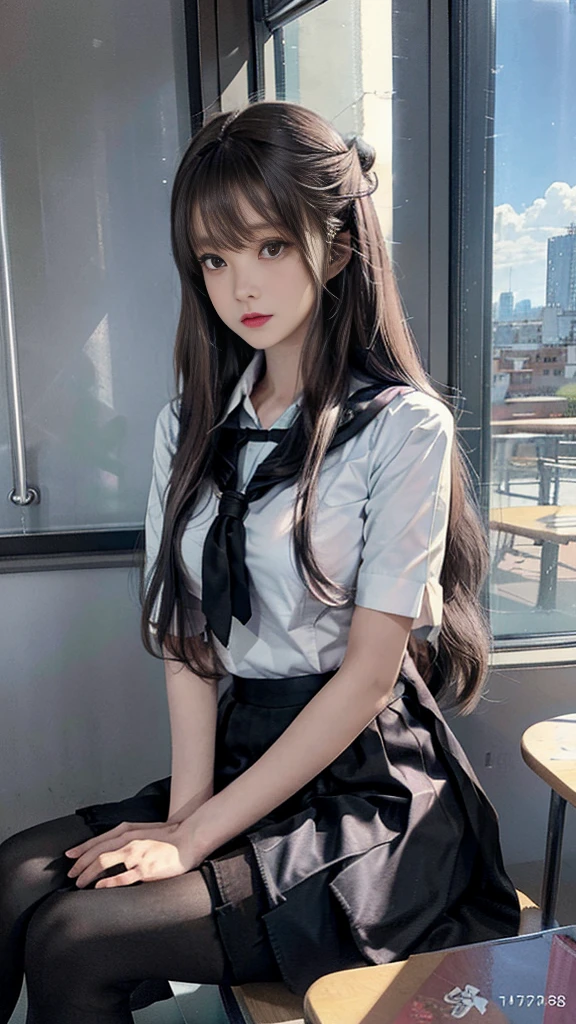 masterpiece, best quality, super detailed, illustration, colorful, falt color, depth of field, lens flare, 1girl, anime, sitting, brunette, looking at viewer, school, classroom, pleated miniskirt, school uniform, serafuku, black Pantyhose, detailed skin texture, detailed cloth texture, beautiful and detailed face