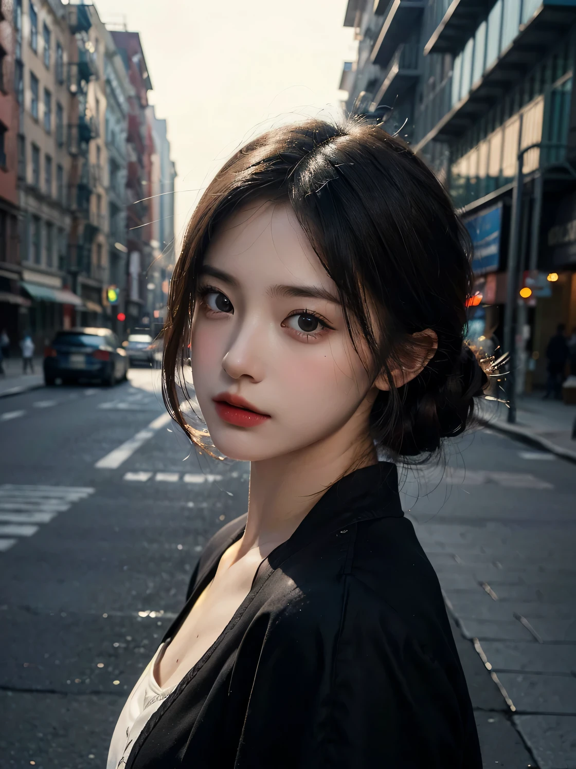 1girl, (looking at viewer:1.2), detail face, (a girl standing, rending on cgsociety, black shadows, streaming, new york backdrop), romanticism, atmospheric, (RAW photo, best quality), (realistic, photo-realistic:1.3), masterpiece, an extremely delicate and beautiful, extremely detailed,