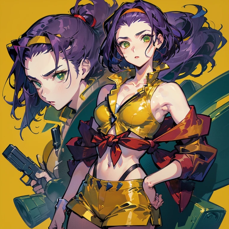 (Anime artwork, Anime Style, Studio Anime, Very detailed, Latest, Vibrant, Anime Coloring, High Contrast, masterpiece:1.2, highest quality, Best aesthetics), Cowboy Bebop_Artistic, Faye Valentine, 23-year-old woman, (Purple Hair, short hair, Green Eyes), (Yellow headband, Yellow sleeveless shirt, Cropped tops:1.2), (((There is a knot on the front)Red jacket:1.2)), Expose your shoulders:1.4, (Yellow hot pants:1.4), (White boots), (Dynamic Angle), (Ready your gun?, Glock 30:1.2, Gun Action, ), Simple Background, Plain background.