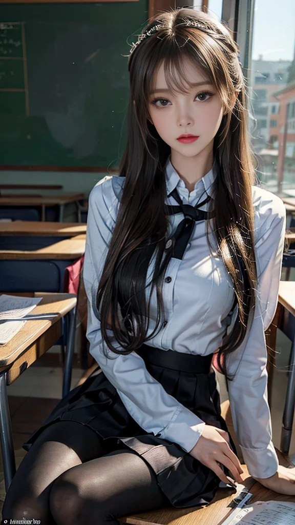 masterpiece, best quality, super detailed, illustration, colorful, falt color, depth of field, lens flare, 1girl, anime, sitting, brunette, looking at viewer, school, classroom, pleated miniskirt, school uniform, serafuku, black Pantyhose, detailed skin texture, detailed cloth texture, beautiful and detailed face