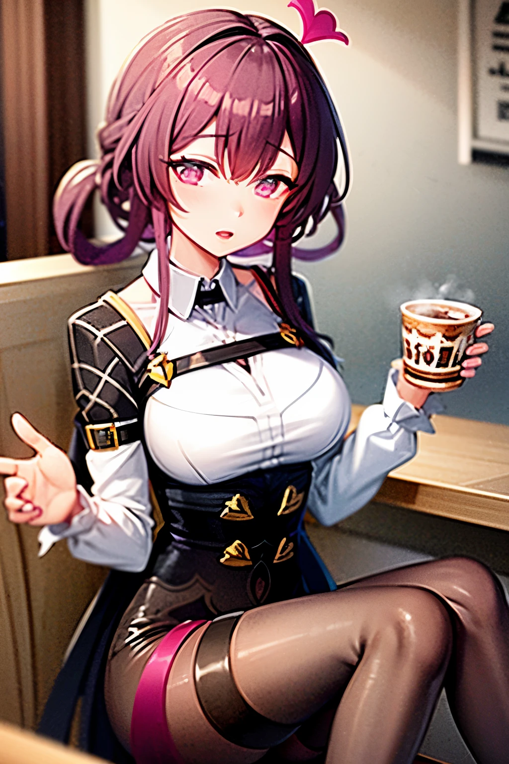 kafka from honkai star rail drinking coffee at a cafe