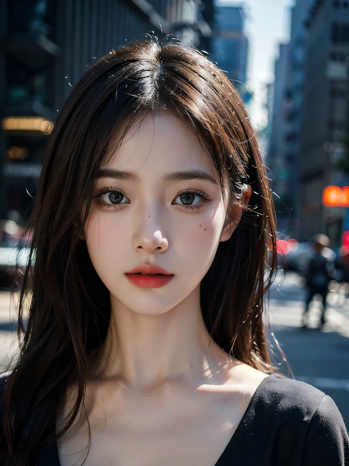 1girl, (looking at viewer:1.2), detail face, (a girl standing, rending on cgsociety, black shadows, streaming, new york backdrop), romanticism, atmospheric, (RAW photo, best quality), (realistic, photo-realistic:1.3), masterpiece, an extremely delicate and beautiful, extremely detailed,