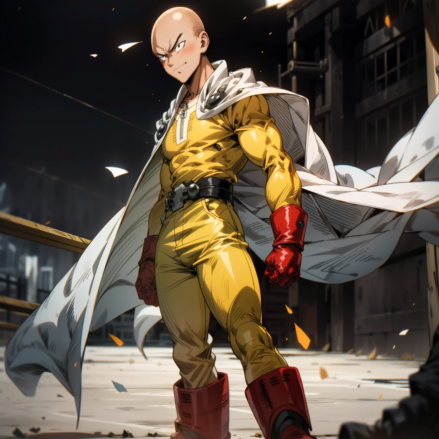 masterpiece, best quality, 1boy, (saitama), bald hair, black eyes, blue boot, red gloves, yellow clothes, white cape, standing, smiling, angry face, aura power, night, natural light,standing, angry eyes, serious, male focus, strong muscles, movie composition, deth of field, bokeh, (futuristic), (full body).