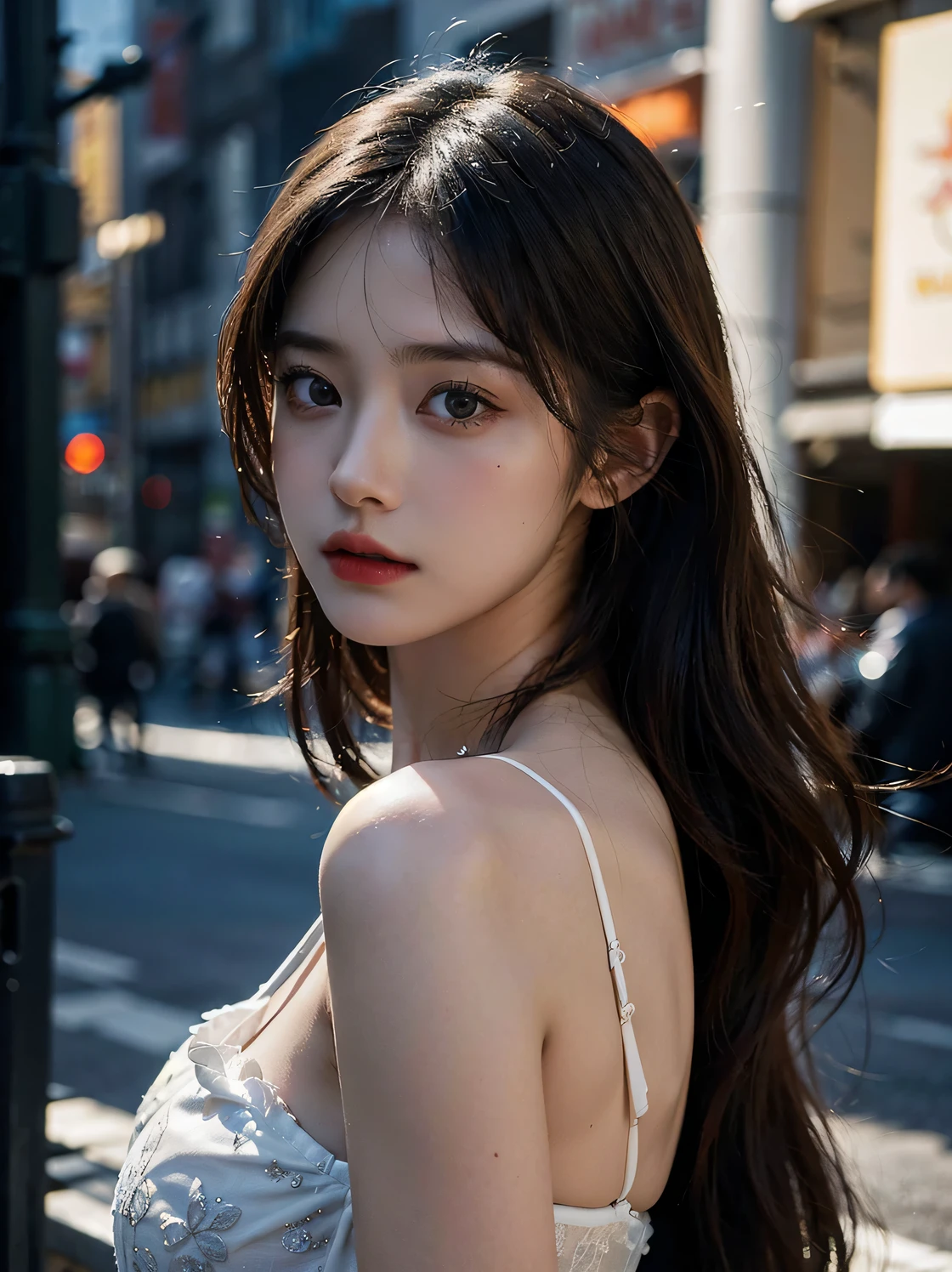 ((Best Quality, 8K, Masterpiece: 1.3)), (sweet_ta:1.3), Focus: 1.2, Perfect Body Beauty: 1.4, Buttocks: 1.2, (Layered Haircut: 1.2)), (Dark Street: 1.3), Highly detailed face and skin texture, Fine eyes, Double eyelids, whitening skin, long hair, (round face: 1.5),