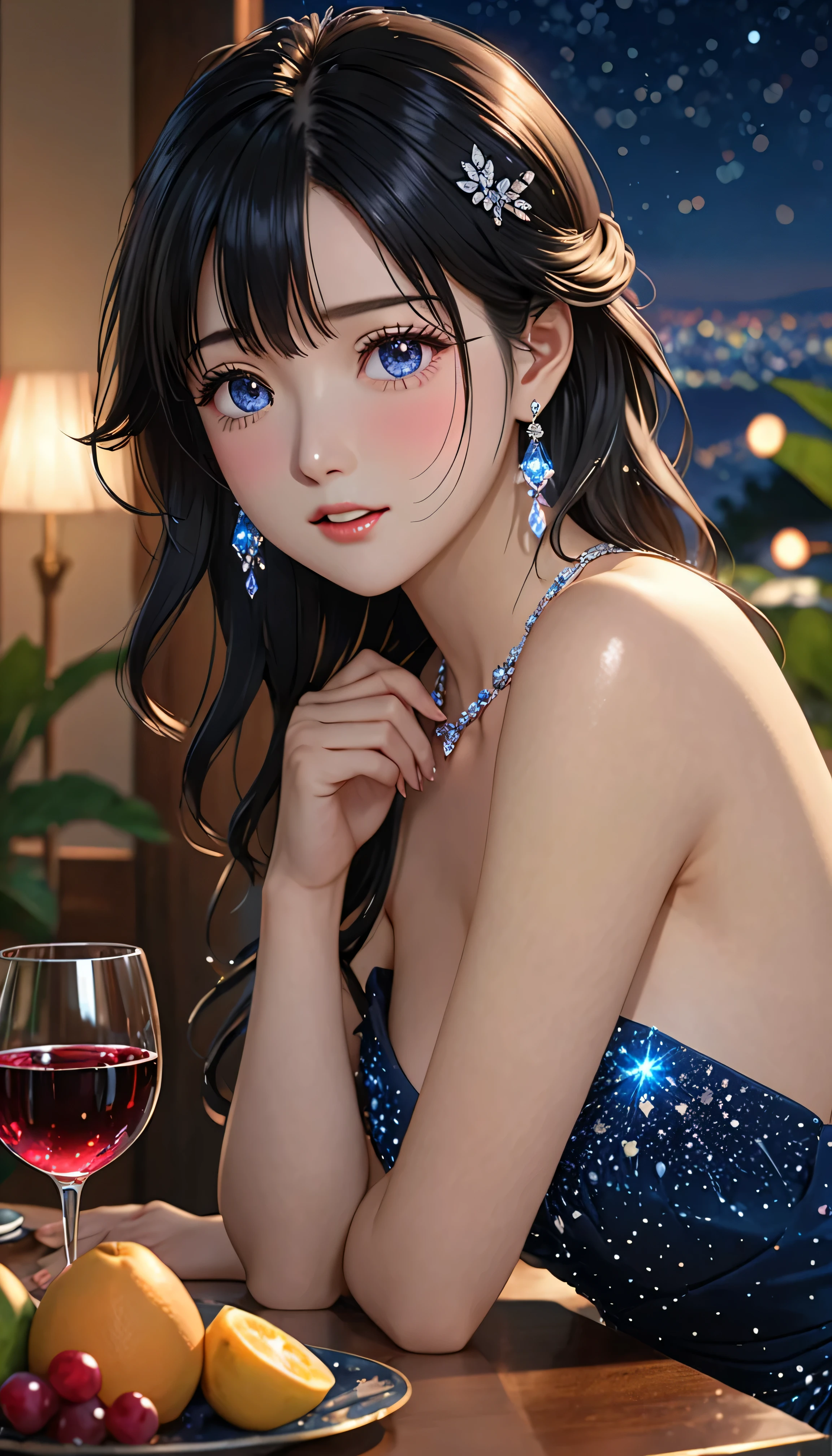 National Science Foundation,masterpiece,High resolution,8K,Art,digit,Three-dimensional,Realism,Kyoto Animation Style,your name movie style,looking into camera,midnight,Soft Light,Glowing skin,(1 female: 1.3),(alone: 1.4),(((long black hair))),(Gorgeous,sparkling evening gown),Swarovski crystals on gorgeous evening gown,(crystal hairpin),(crystal necklace),(crystal earrings),(crystal bracelet),(Crystal ring),Long eyelashes,slender legs,Close-up of upper body,Close-up,Wine and wine glasses,The table is filled with tropical fruits,(Starry eyes),(open mouth),(blush),(shy),(((Drunk))),(((feel sad)))