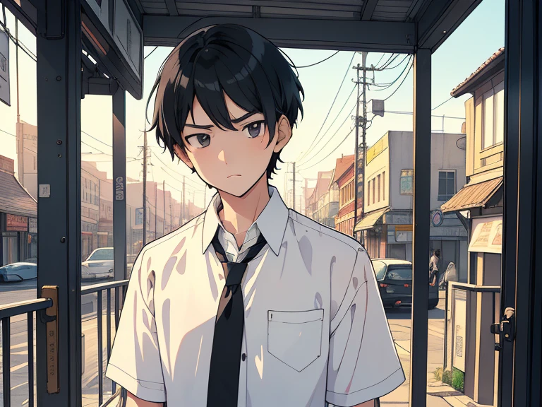 front, outside, ((((boy, men)))),(((taken from the front, 1 boy, white , short hair, black hair, black eyes, high school student, tall, serious face, tie))), (On the way home from school), (Uniform), (Masterpiece), (High resolution), (Top quality), (Super delicate), ((Line drawing manga style)), Wallpaper, Manga style illustration, Painting style, (unique atmosphere), unique world view, unique atmosphere, ((town)), (masterpiece), (high resolution), (highest quality), (super delicate), line drawing manga style, comic style illustration, how to draw, warm outline color, (clear), (obvious)