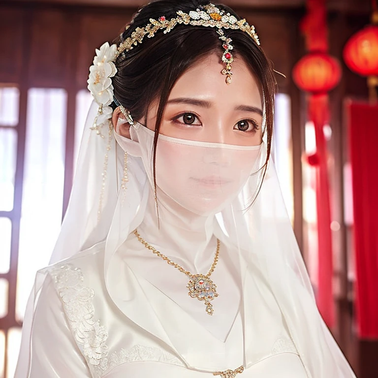 Head close-up（（（Eyes are very delicate）））（（（hair accessories）））（（（veil））），necklace，Wearing a white transparent sexy silk dress， ((skin glowing))The room is filled with Chinese New Year decorations（（（masterpiece）））， （（best quality））， （（intricate details））， （（Surreal））（8K）