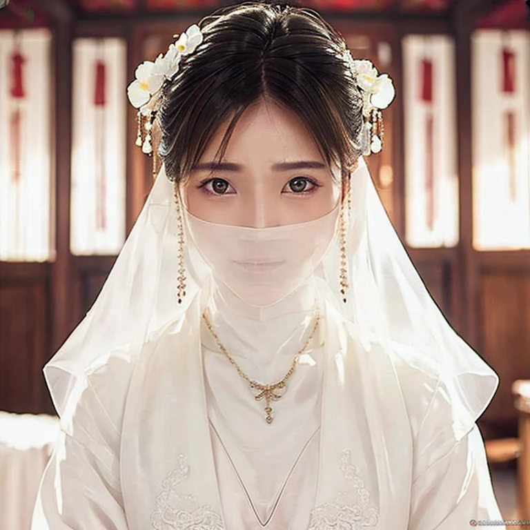 Head close-up(((Eyes are very delicate)))(((hair accessories)))(((veil))),necklace,Wearing a white transparent sexy silk dress, ((skin glowing))The room is filled with Chinese New Year decorations(((masterpiece))), ((best quality)), ((intricate details)), ((Surreal))(8K)