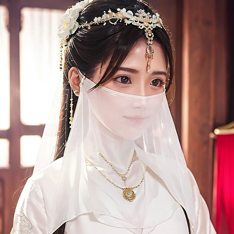 Head close-up(((Eyes are very delicate)))(((hair accessories)))(((veil))),necklace,Wearing a white transparent sexy silk dress, ((skin glowing))The room is filled with Chinese New Year decorations(((masterpiece))), ((best quality)), ((intricate details)), ((Surreal))(8K)