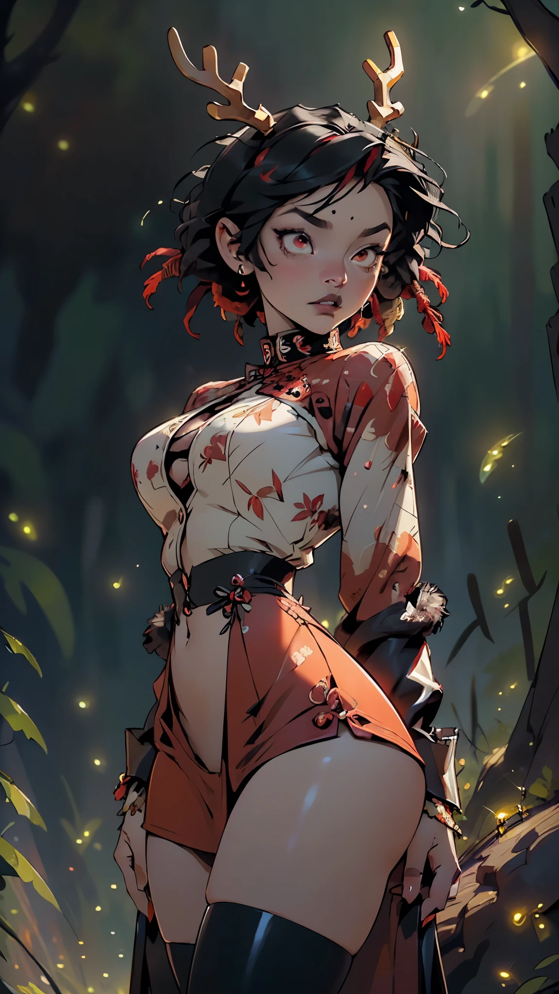 gothic reindeer girl,(((1girl))),((extremely cute and beautiful black hair with red streaks anime gothic reindeer girl)),

(((anthro furry:1.2), Playboy_Reindeer, reindeer_antlers,(huge antlers:1.5,dear antlers:1.5,blooming antlers:1.5))),(large breasts:1.4),saggy breasts,((((black hair with red streaks:1.5,short hair,dreadlocks black hair:1.5)))),(((red_eyes:1.3))),intricate eyes,beautiful detailed eyes,symmetrical eyes,big eyes:1.5),(((lustrous skin:1.5,bright skin: 1.5,skin tanned,shiny skin,very shiny skin,shiny body,plastic glitter skin,exaggerated shiny skin,illuminated skin))),(spider lower abdomen,narrow waist,wide hip,athletic body,inflated legs,thick thighs,detailed body,(detailed face)),

cute,slutty,seductive,erotic,(((nsfw))),

zettai ryouiki,revealing clothing,show skin,(((Sexy goth fur coat, goth fur coat outfit,wearing a goth fur coat:1.3,dark red coat))),((red goth mini-skirt,red goth mini skirt,visible thong straps, navel)),((underpants strap)),(red gothic clothes,semi-naked,with little goth clothing),((((Black Eyeshadow,Thick Black Eyeliner,Long Dramatic Eyelashes,Black Lips))),(((intricate outfit,intricate clothes,embroidered outfit,ornate outfit))),

(dynamic pose:1.0),embarrassed,(centered,scale to fit dimensions,Rule of thirds),

((((many fireflies,fireflies,glowing fireflies,fireflies in the background)))),

((deep and dark cavern)),(mysterious lights in the background, stalagmites, stalactites),scenery:1.25,intricate scenery,((deep and dark cavern background)),

(Glossy ornaments),highres,sharp focus,(ultra detailed,extremely detailed),(photorealistic artwork:1.37),(extremely detailed CG unity 8k wallpaper),(((vibrant colors,vibrant theme))),(intricate),(masterpiece),(best quality),artistic photography,(photography taken by sldr),(intricate background),perfect rendered face,perfect face details,realistic face,photo realistic,((intricate detail)),(((realism))),
