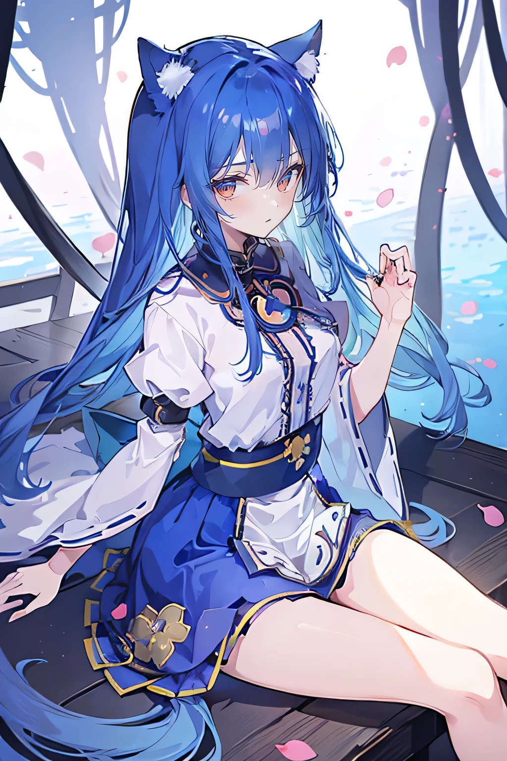 (masterpiece:1.2),Super detailed,Practical,expressive eyes,Fair skin,Perfect face shaping,1 Girl,
Japanese cartoons,Gorgeous blue hair, the long flowing blue hair,Floating clothes,Cat ears,Petals falling,beautiful lola,Young Angel,
Hands on waist,sit elegantly on the ground,Cross your legs,Gentle and peaceful background,Cool and cozy pavilion.