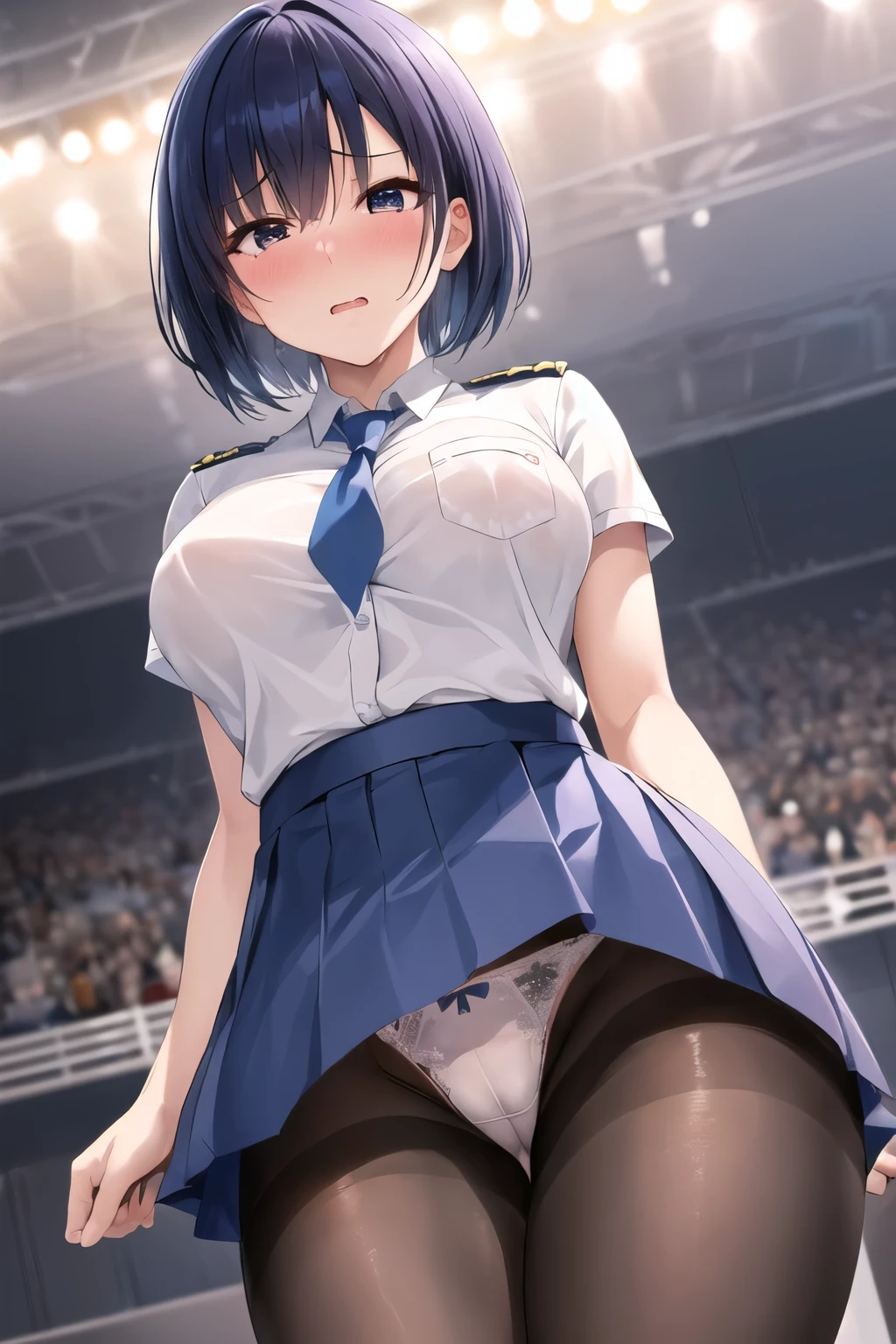 One Girl, Shiny skin, 最high quality, (Game CG:1.4), Browsing Caution, Beautiful face and eyes in every detail,Big Tits、Small lingerie, Severe, Big ample breasts、((最high quality)), (Very detailed), (Very detailed CG 統合 8k 壁紙), Very detailed, High resolutionのRAWカラー写真, Professional photography,From below, (((White lace panties)))、I can see your face、(((A regretful look))),(((Embarrassed face)))、(((Are crying)))、(((Anguished expression)))、Glaring, Angry、(((Her white panties are visible through the)))、((White underwear pattern))、Dancing、((((She is embarrassed that the audience has seen her panties))))、 (((She forgot to put on her underwear so her underwear was completely visible)))、dancing, (((The audience is happy to see her panties))), (((A crowd of spectators point their cameras at her panties))), ((Nipples are visible))、Full Shot、(((Her skirt is flipped up))),(born, 最high quality, masterpiece:1.5), (Realistic, Intricate details:1.2), 超High resolution, (high quality, High resolution, The finer details), alone, Curvy Women, blush, Sweat, Oily skin, Shallow depth of field,(masterpiece、最high quality、High resolution、Unity 8k wallpaper、Very detailedCG:1)、(Awareness-raising:1.0)、One Girl、最high quality、8Kmasterpiece、((software)), ((multiple girls)), (18-year-old female, Beautiful detailed woman, policewoman),( Blue Hair),(short hair),White and thin uniform,(Black leather micro mini skirt), ((With a shy look:1.5)), Huge breasts, Hard nipples, Slim Waist, Thick thighs, Ultra mini skirt, ((Black Pantyhose)), (((I'll lift my skirt to show you my pantyhose))), ((Leg spread)), (Please open your legs),, look down,((Skirt Lift)),(((Boldly flip up the skirt)))