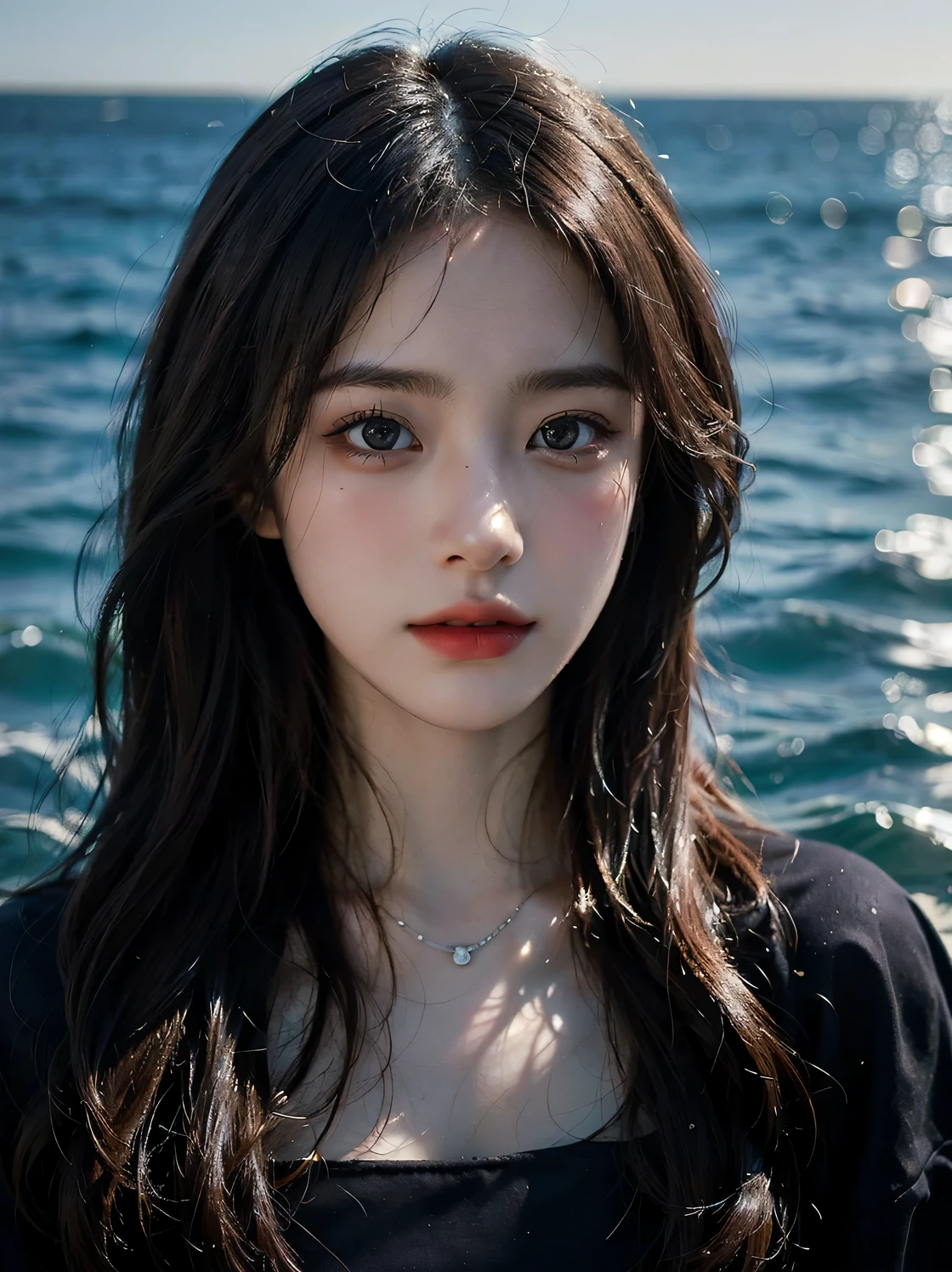 1girl, (looking at viewer:1.2), detail face, (a girl standing, rending on cgsociety, black shadows, sea backdrop), romanticism, atmospheric, (RAW photo, best quality), (realistic, photo-realistic:1.3), masterpiece, an extremely delicate and beautiful, extremely detailed,