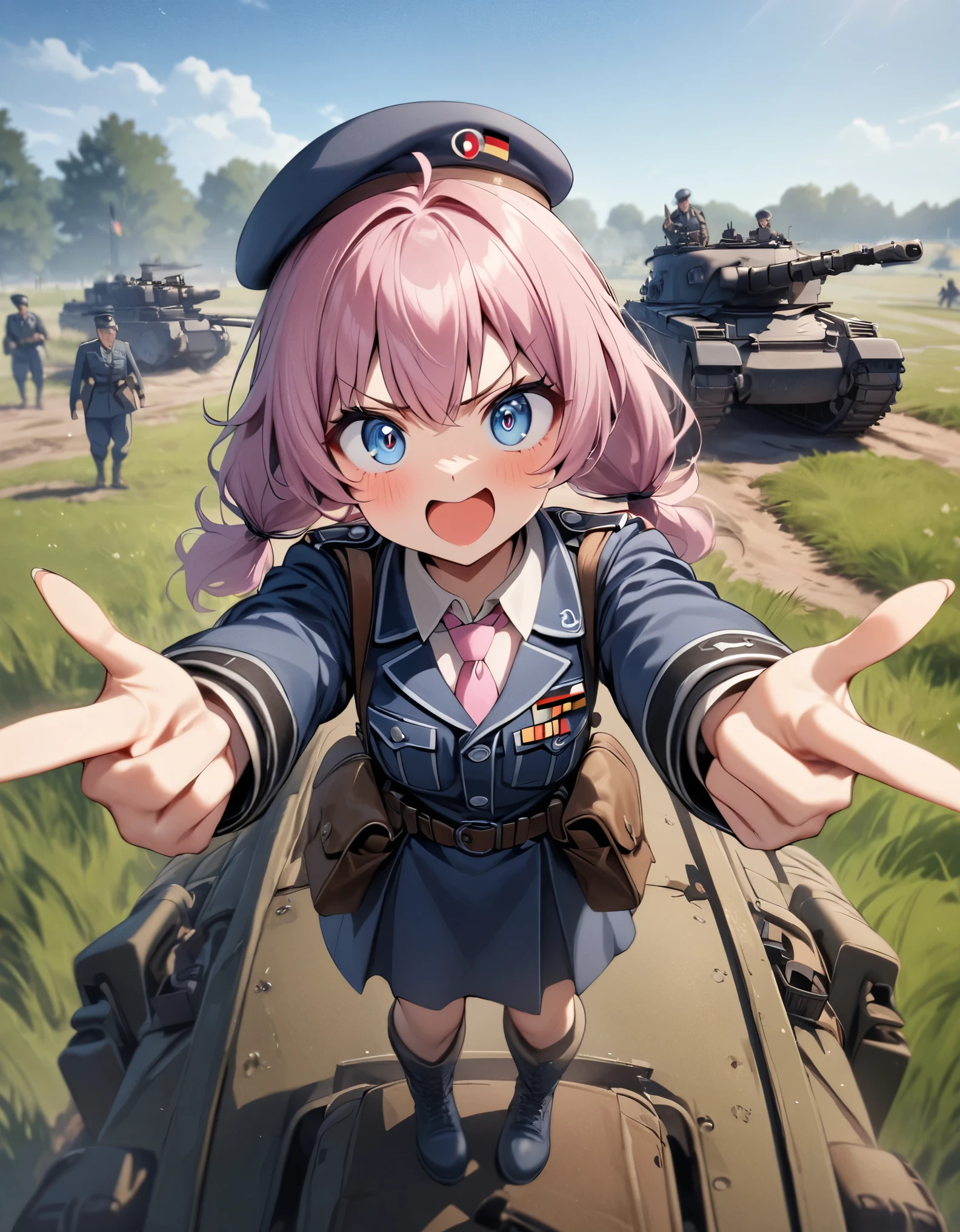 masterpiece, best quality, 1girl, solo, solo focus, midget, dark pink hair, fluffy hair, ponytail hair, dark blue eyes, big eyes, cute face, (blue military uniform, WWII german uniform, beret, pink folder symbol on beret), pink necktie, blue combat boots, belt with pouches, pistol holster, v-shaped eyebrows, :d, excited, using assault rifle, point finger at the viewer, standing on top of a chftntank, grassy field, daylight, depth of field