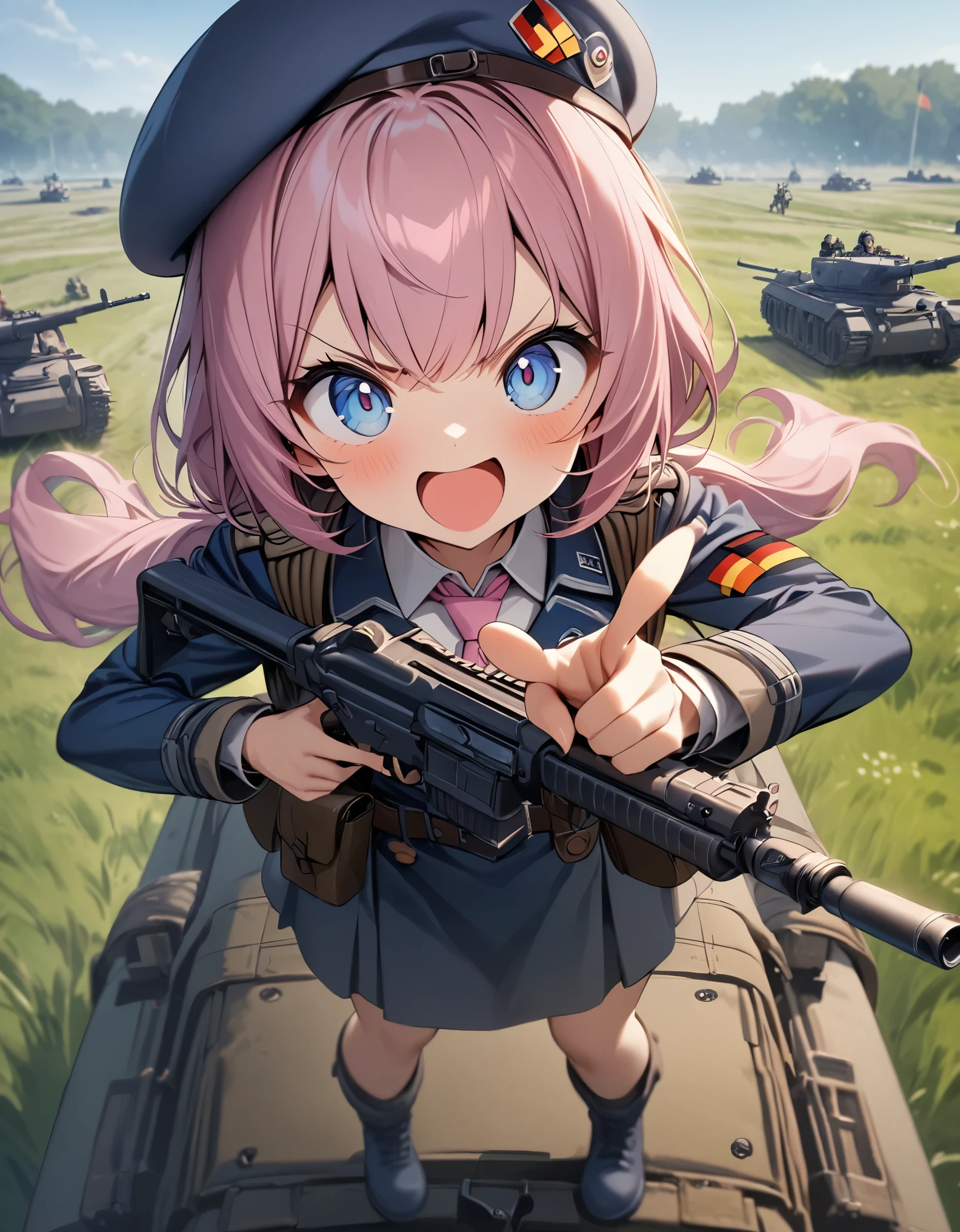 masterpiece, best quality, 1girl, solo, solo focus, midget, dark pink hair, fluffy hair, ponytail hair, dark blue eyes, big eyes, cute face, (blue military uniform, WWII german uniform, beret, pink folder symbol on beret), pink necktie, blue combat boots, belt with pouches, pistol holster, v-shaped eyebrows, :d, excited, using assault rifle, point finger at the viewer, standing on top of a chftntank, grassy field, daylight, depth of field