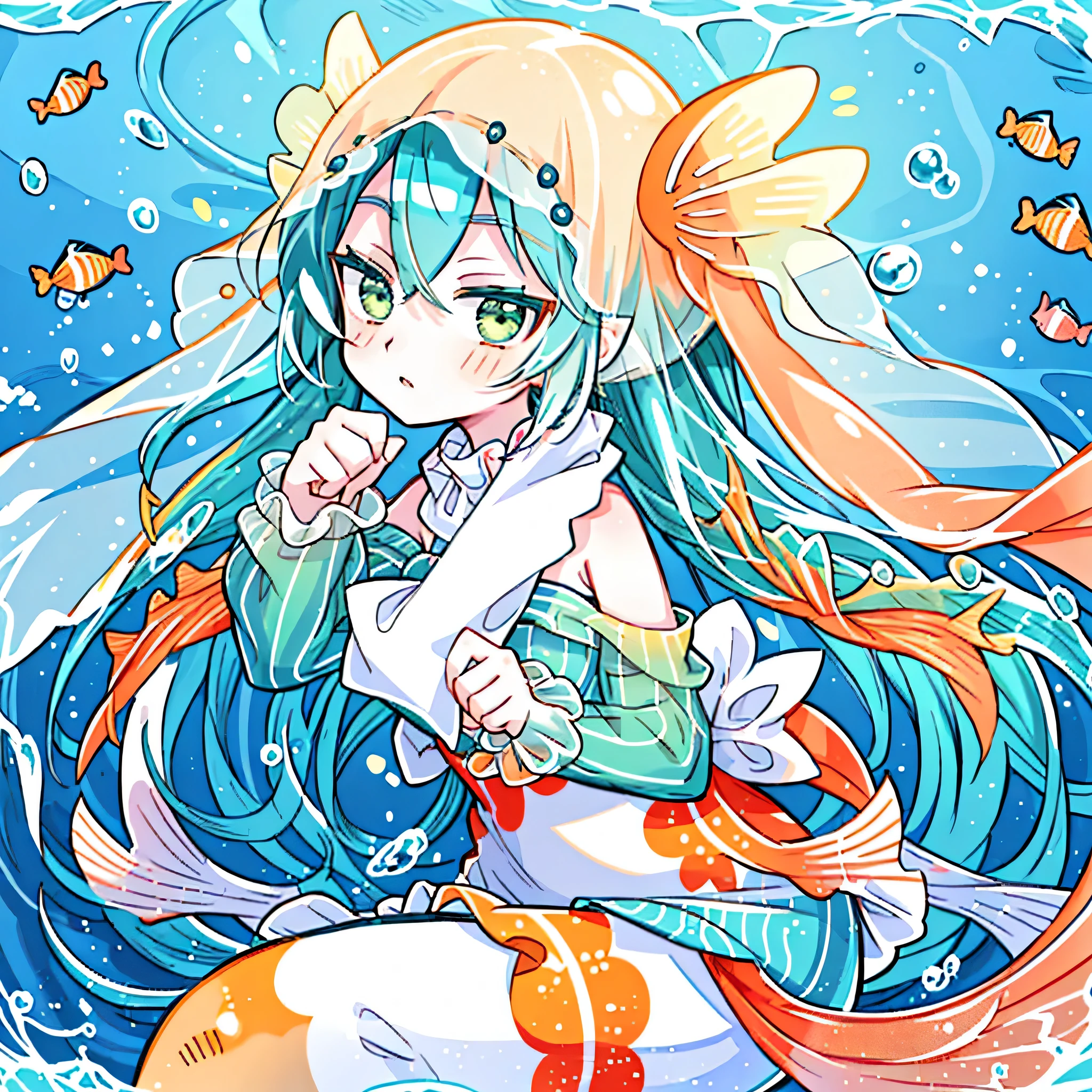 a close-up anime-style illustration of a mermaid with long, white and orange hair tied in large twintails and pale green eyes, a clownfish patterned mermaid tail and stripes on her wrists and arms, wearing a veil, wearing an aqua colored wrap around her tail and upper body and playing in the ocean