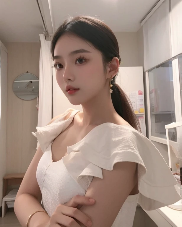 Beautiful and stunning Taiwanese young girl, sensual, plump breasts, slim, sliding clothes, loose clothes, bare shoulders, silhouette, looking at viewer, nsfw, simple background, dark background, dim lights, , perfecteyes