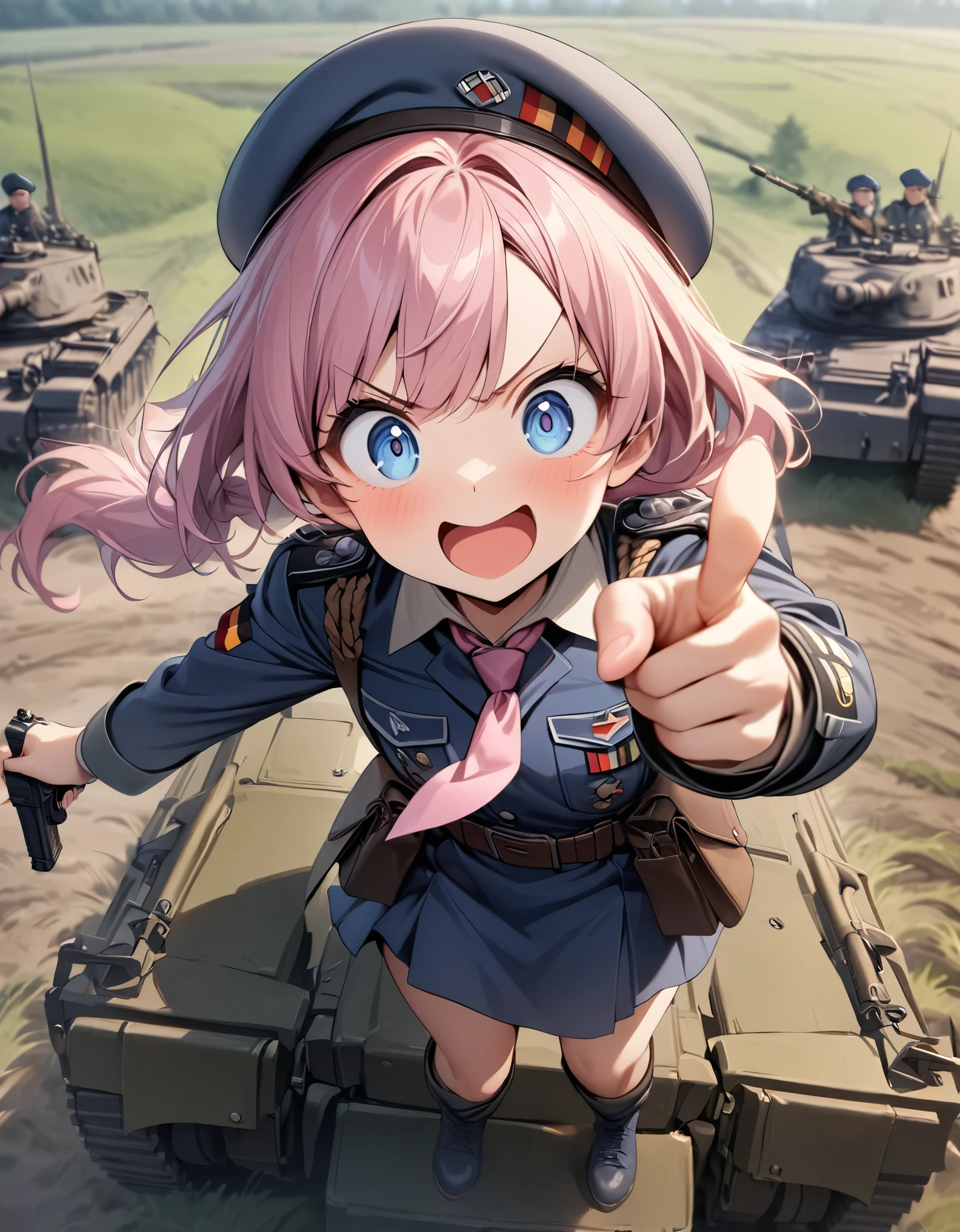 masterpiece, best quality, 1girl, solo, solo focus, midget, dark pink hair, fluffy hair, ponytail hair, dark blue eyes, big eyes, cute face, (blue military uniform, WWII german uniform, beret, pink folder symbol on beret), pink necktie, blue combat boots, belt with pouches, pistol holster, v-shaped eyebrows, :d, excited, using assault rifle, point finger at the viewer, standing on top of a chftntank, grassy field, daylight, depth of field