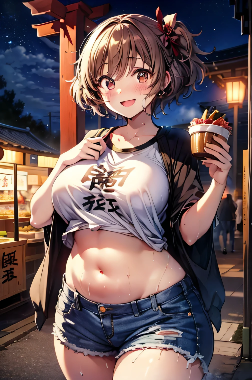 Anime illustration、highest quality、A short and plump high school girl、Shrine torii gate、Summer Night Festival、congestion、A row of food stalls、Belly button T-shirt、hot pants、Perfect proportions、overwhelmingly big breasts、Thick legs、Beautiful, shining eyes、Cowboy Shot、smile、Excessive sweating、Noise Reduction