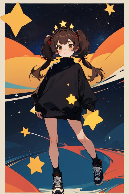 Mujer, brown hair in two pigtails, black sweater with stars, diadema roja, zapatillas negras, falda negra