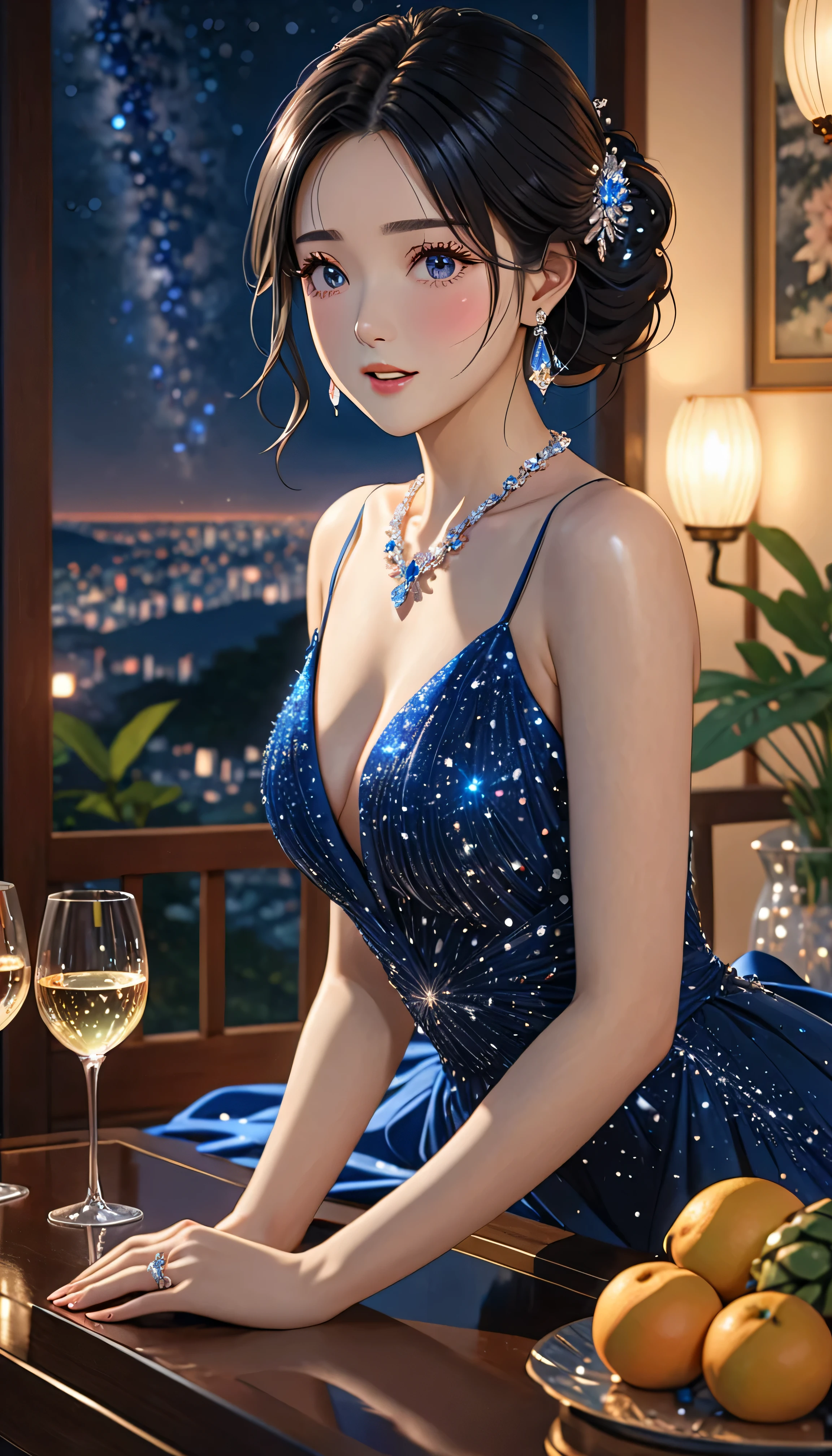 National Science Foundation,masterpiece,High resolution,8K,Art,digit,Three-dimensional,Realism,Kyoto Animation Style,your name movie style,looking into camera,midnight,Soft Light,Glowing skin,(1 female: 1.3),(alone: 1.4),(((long black hair))),(Gorgeous,sparkling evening gown),Swarovski crystals on gorgeous evening gown,(crystal hairpin),(crystal necklace),(crystal earrings),(crystal bracelet),(Crystal ring),Long eyelashes,slender legs,Close-up of upper body,Close-up,Wine and wine glasses,The table is filled with tropical fruits,(Starry eyes),(open mouth),(blush),(shy),(((Drunk))),(((feel sad)))