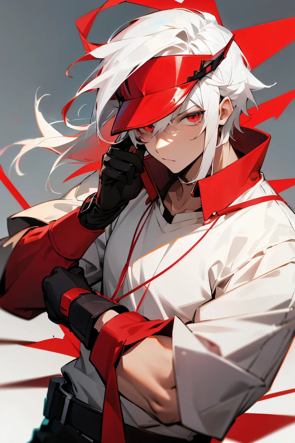 Cool guy with red visor and reded eyes and white hair. With red shirt