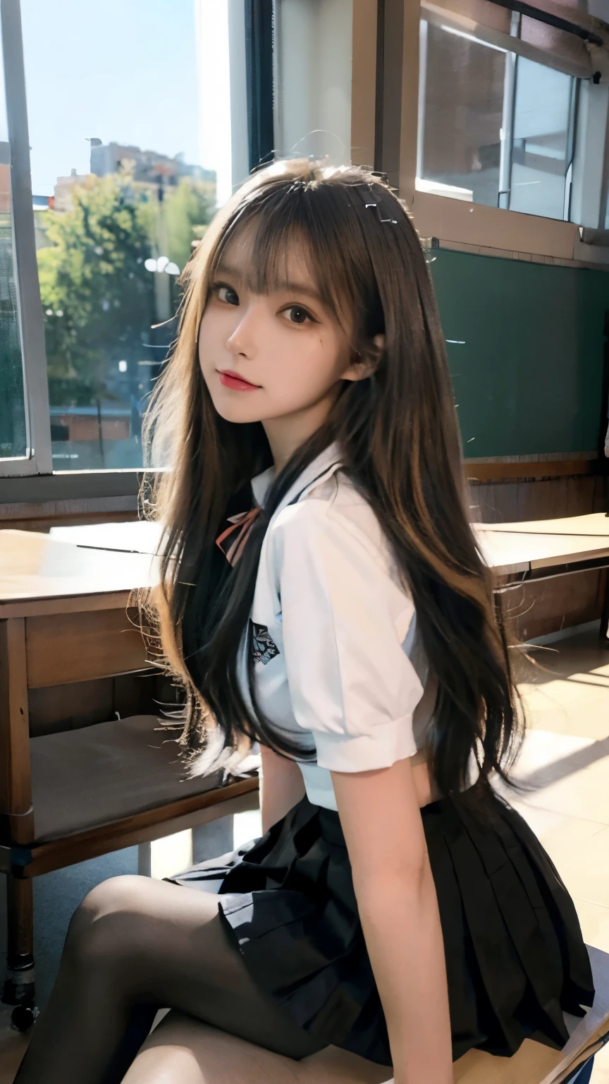 masterpiece, best quality, super detailed, illustration, colorful, falt color, depth of field, lens flare, 1girl, anime, sitting, brunette, looking at viewer, school, classroom, pleated miniskirt, school uniform, serafuku, black Pantyhose, detailed skin texture, detailed cloth texture, beautiful and detailed face
