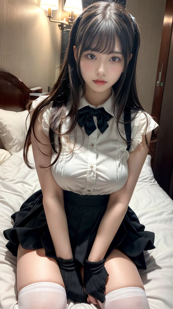 muste piece, best quality, illustration, Super detailed, fine details, High resolution, 8K,wall paper, perfect dynamic composition,(Details High quality, realistic depiction of eyes:1.3), (Fashionable, collared shirt, pleated skirt, knee high socks), straight hair, large breasts, black hair color, Big Natural Color Lip, (perfect body shape), crying a little、cold gaze, Harajuku style、20 year old girl、cute type、ta、beautiful legs, hotel room, Gravure Idol, Voluptuous thighs, (woman on top, straddling, sitting)
