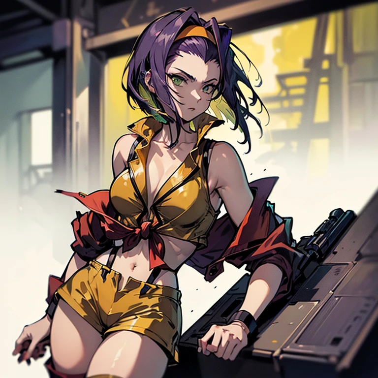 (Anime artwork, Anime Style, Studio Anime, Very detailed, Latest, Vibrant, Anime Coloring, High Contrast, masterpiece:1.2, highest quality, Best aesthetics), Cowboy Bebop_Artistic, Faye Valentine, 23-year-old woman, (Purple Hair, short hair, Green Eyes), (Yellow headband, Yellow sleeveless shirt, Cropped tops:1.2), (((There is a knot on the front)Red jacket:1.2)), Expose your shoulders:1.4, (Yellow hot pants:1.4), (White boots), (Dynamic Angle), (Ready your gun?, Glock 30:1.2, Gun Action, ), Simple Background, Plain background.