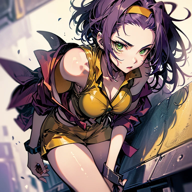 (Anime artwork, Anime Style, Studio Anime, Very detailed, Latest, Vibrant, Anime Coloring, High Contrast, masterpiece:1.2, highest quality, Best aesthetics), Cowboy Bebop_Artistic, Faye Valentine, 23-year-old woman, (Purple Hair, short hair, Green Eyes), (Yellow headband, Yellow sleeveless shirt, Cropped tops:1.2), (((There is a knot on the front)Red jacket:1.2)), Expose your shoulders:1.4, (Yellow hot pants:1.4), (White boots), (Dynamic Angle), (Ready your gun?, Glock 30:1.2, Gun Action, ), Simple Background, Plain background.