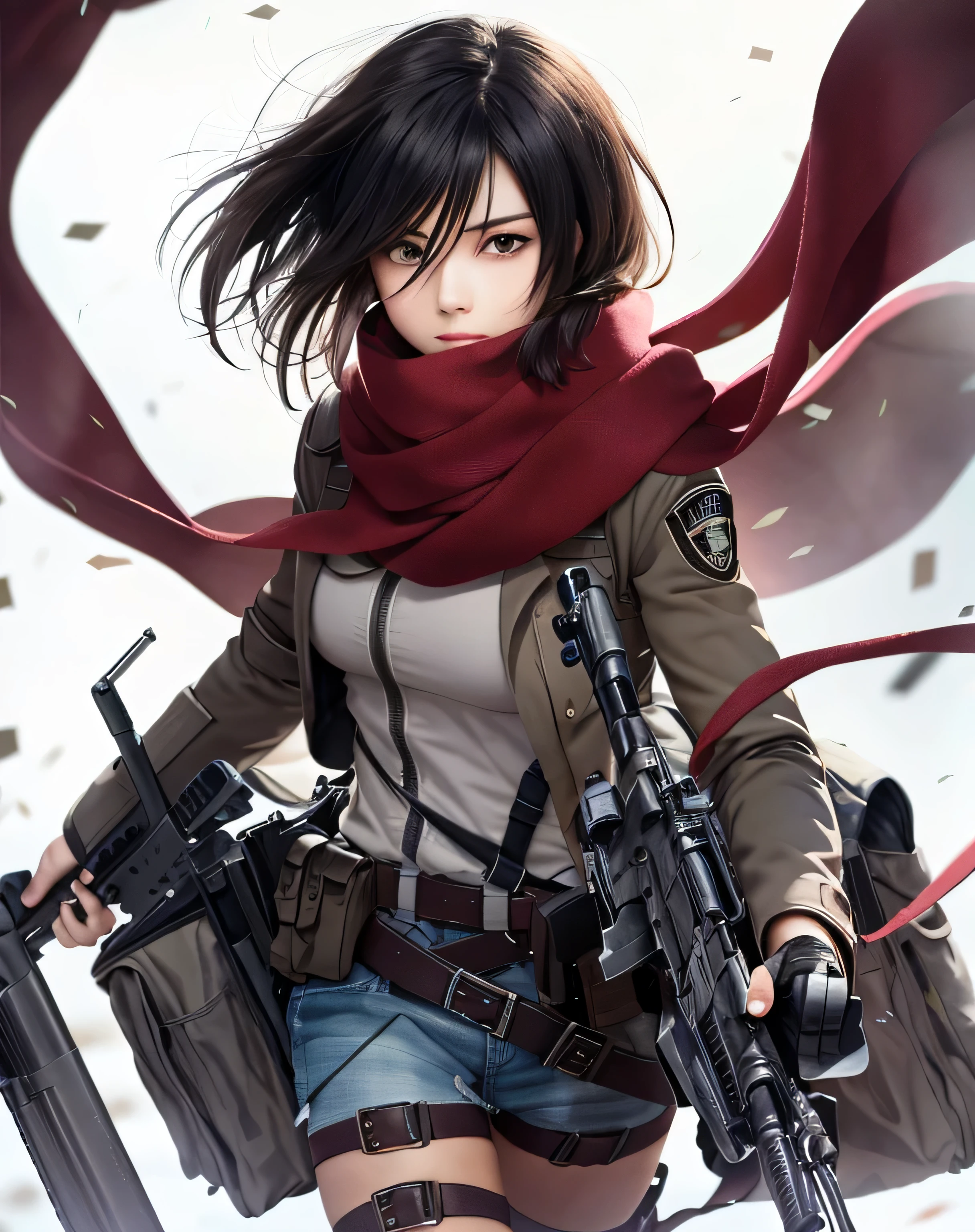 Beautiful girl close up of a person holding a gun and a scarf, mikasa ackerman