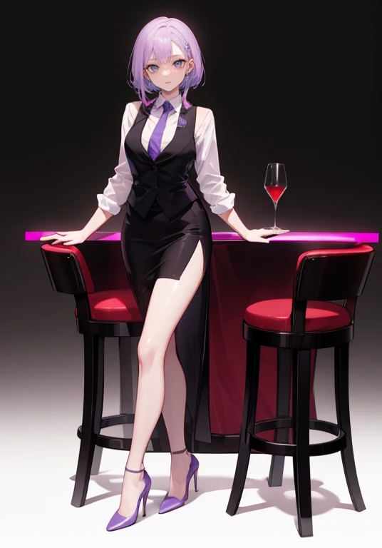 ((Perfect Face)),Purple Hair,Gorgeous hairstyle,1 female,bartender,,Black vest,tie,High heels,,((Simple light color background)),((smile)),((Full Body)),((full body)),Portraits,virtual,upright,
